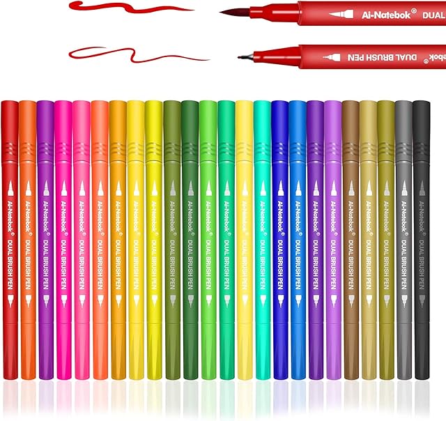 ai-natebok Dual Tip Brush Marker Pens, 24 Colors 0.4 Fine Tip Markers & Brush Pen for Bullet Journal Adults Coloring Book Note Taking Writing Planning Art Project