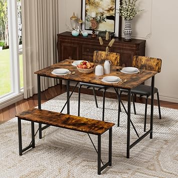 47.2" Dining Table Sets, Farmhouse Kitchen Table for 4 with 2 Seats Leather Cushions, Metal Frame Space Saving for Home Kitchen Dining, Dark Brown
