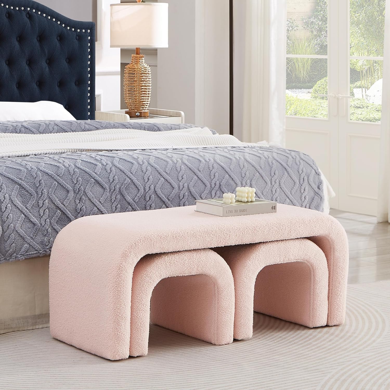 U-Shaped Ottoman, Set of 3 Ottoman Bench, 44" Large Bench with, 2 Small StoolsModern Comfy Sherpa Arched Footrest for Living Room, Bedroom End of Bed (Pink)