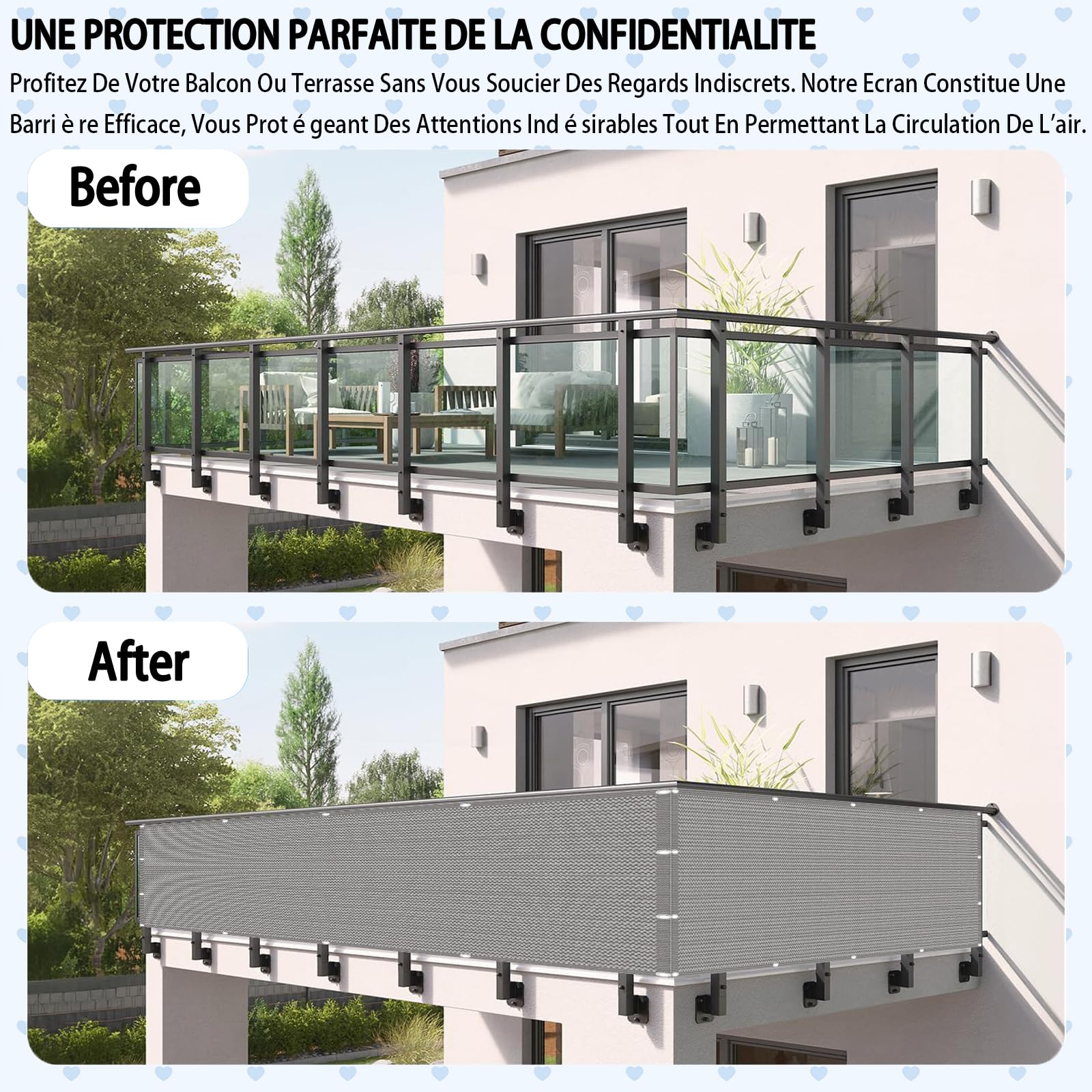 Recinzione Copertura per Balcone 160 x 210 cm Protezione Privacy, Anti-UV, Resistente al Vento, Privacy Recinzione Copertura per Balcone con Fascette e funi per Balcone Giardino, Grigio