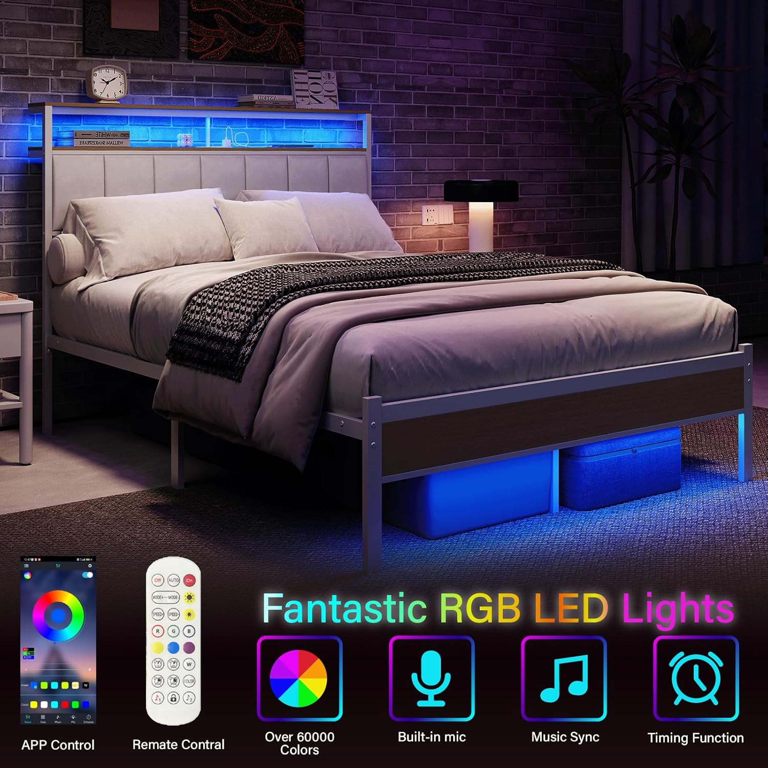 Full Size Bed Frame with Charging Station and LED Lights, White Upholstered Headboard with 2-Tier Storage Shelves, Metal Bed Frame with Headboard, No Box Spring Needed, Easy Assembly,White