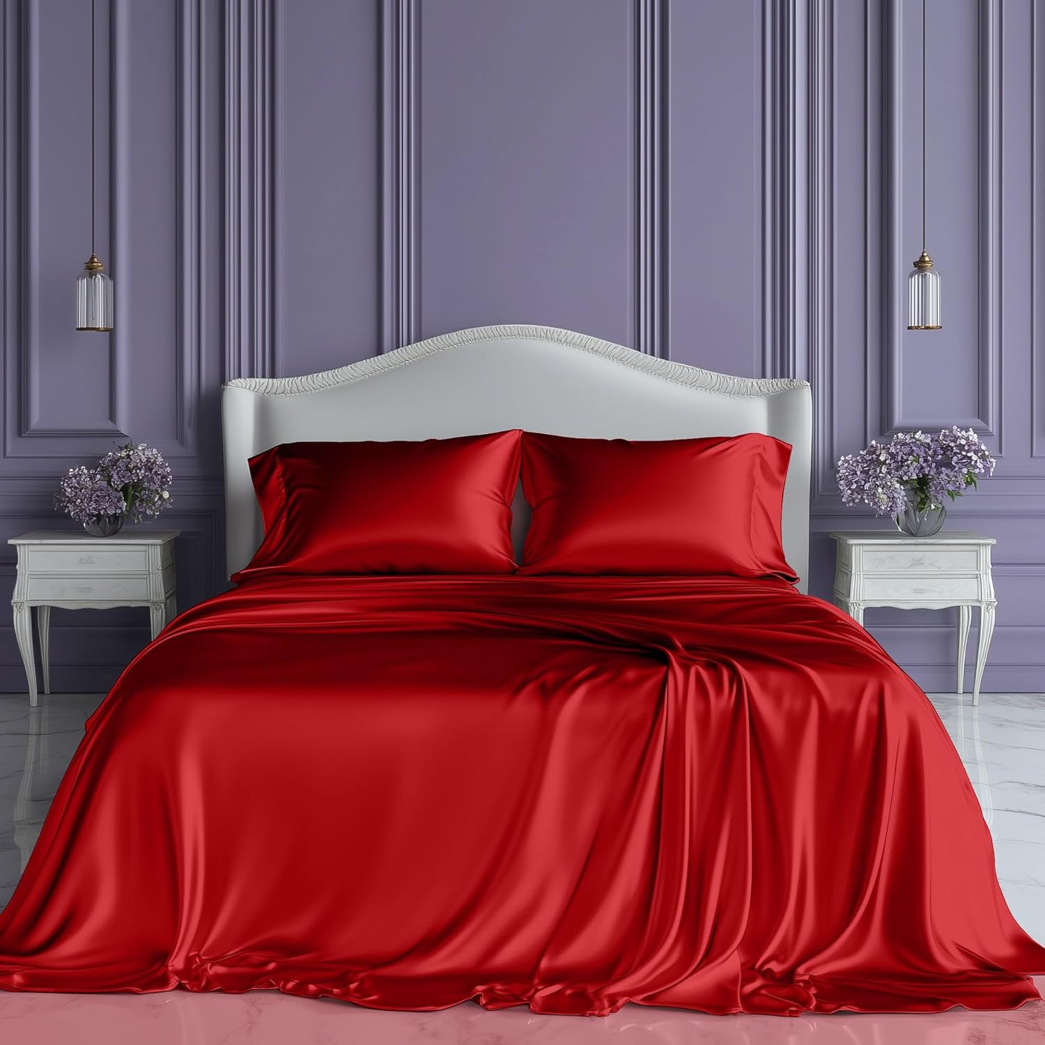 SLEEP SANCTUARY Satin Sheets King Size  4 Piece Luxury Silky Bed Set, Softer Than Silk, 15" Deep Pocket, Cooling & Wrinkle-Free, Moisture-Wicking & Breathable for Hair & Skin (Red)