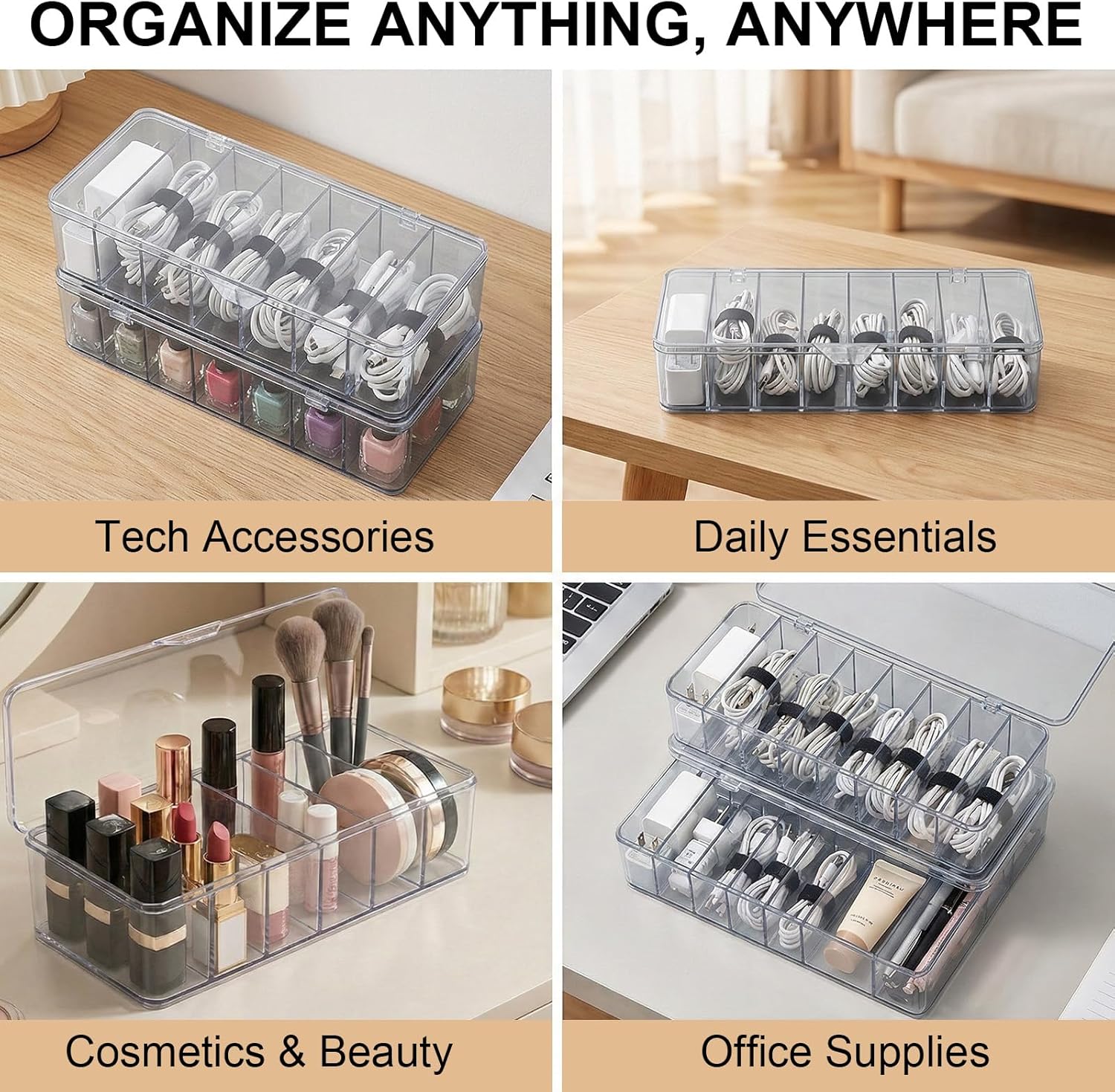 4-Pack Clear Cable Organizer Box with Lid, Desk Drawer Charger Storage with 40 Wire Ties, Cord Management Bin with Compartments