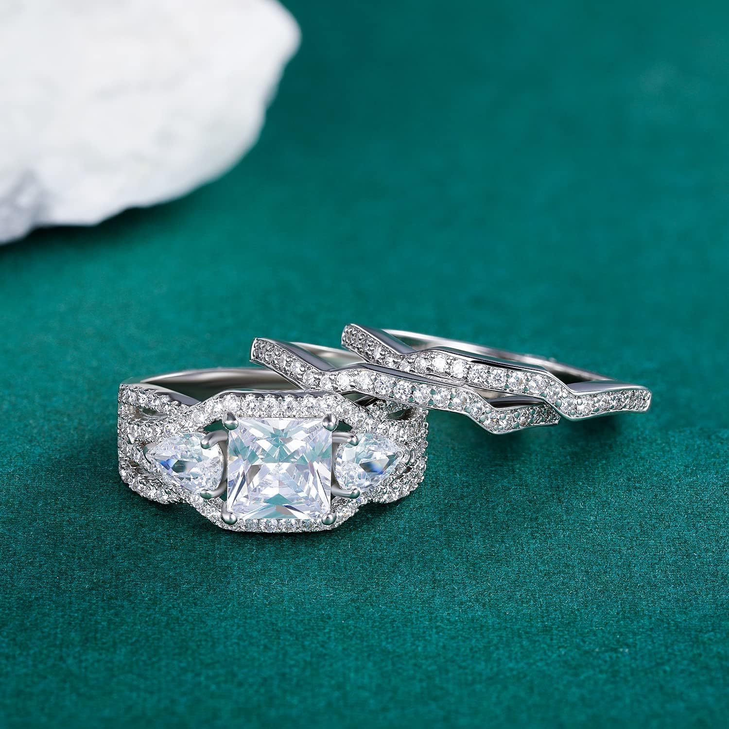 MDFUN Three-In-One Square Wedding Engagement Ring,18K White Gold Plated Cubic Zirconia Promise Eternity Ring Set for Women - Image 5