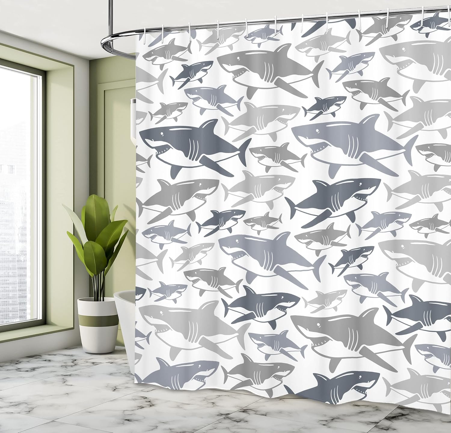 Ambesonne Shark Shower Curtain, Colorful Underwater Fish Pattern Masters Survival Predators Dangerous Nature, Cloth Fabric Bathroom Decor Set with Hooks, 69" W x 75" L, Grey and Taupe