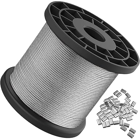 Wire Rope, 1/16 Wire Rope, Stainless Steel 304 Wire Cable, 328FT Length Aircraft Cable with 100pcs Sleeves Stops, 7x7 Strand Core, 368 lbs Breaking Strength Perfect for Outdoor, Yard, Garden or Crafts