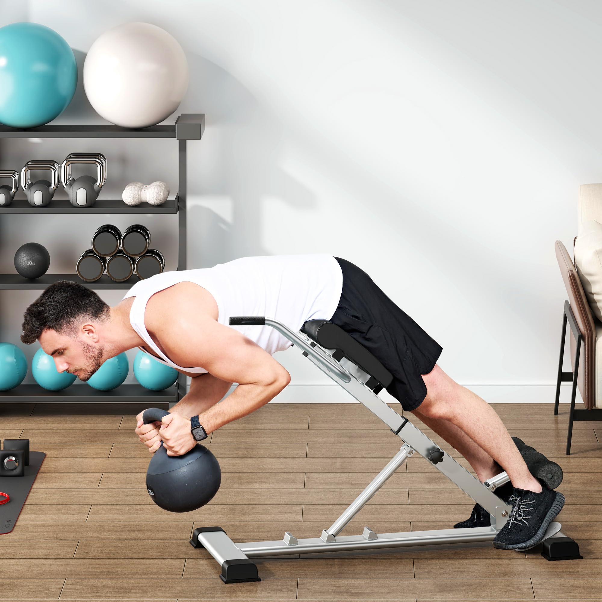 SogesPower Banco de Hyperextensión,Sillas Romanas Banco Romano, Máquina de Extensiones Lumbares, Máquina de Hyperextensión Ajustable y Plegable para Gimnasio en Casa