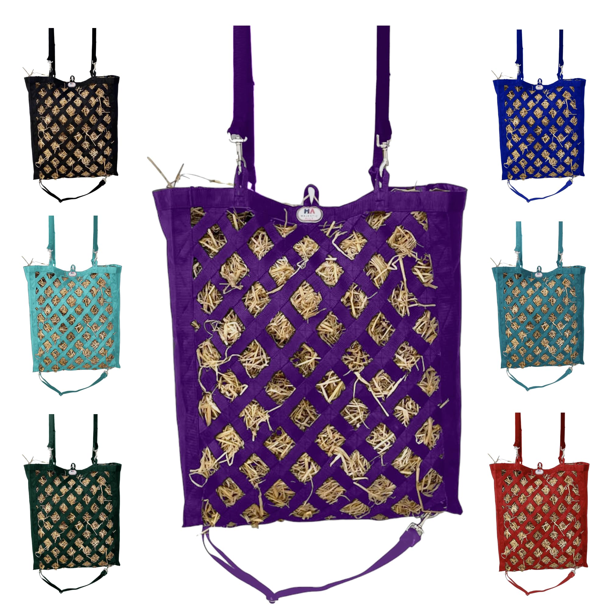 Majestic Ally Borsa da fieno per cavalli, in nylon resistente, cuciture rinforzate, cinghie regolabili, piccoli fori (viola)