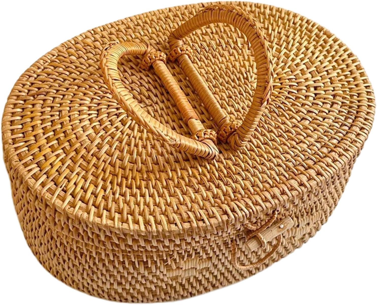 Wicker Storage Basket with Handle and Lid, Oval Rattan Picnic Snack Box 30x22x12cm, Portable Outdoor Food Organizer Tote for Camping and Garden Use