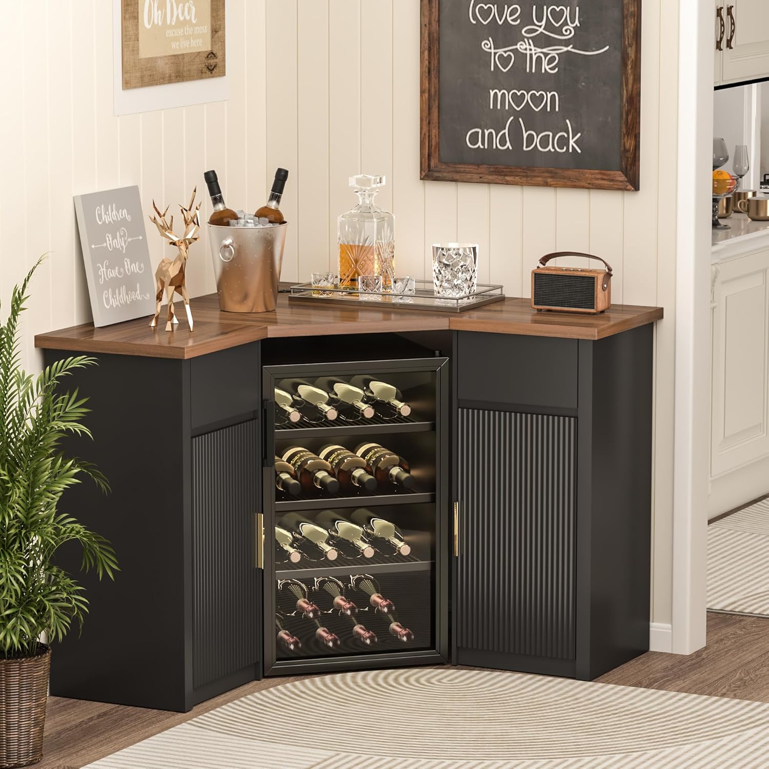 GDLF Corner Bar Cabinet with Fridge Space, Corner Coffee Bar Station with Storage, L Shaped Liquor Wine Cabinet for Home