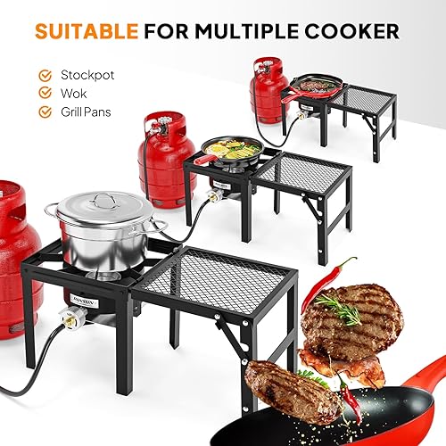 Miniatura 3 de ROVSUN Estufa de propano de 100,000 BTU con estante lateral plegable, estufa de gas de un solo quemador para cocinar al aire libre con regulador,