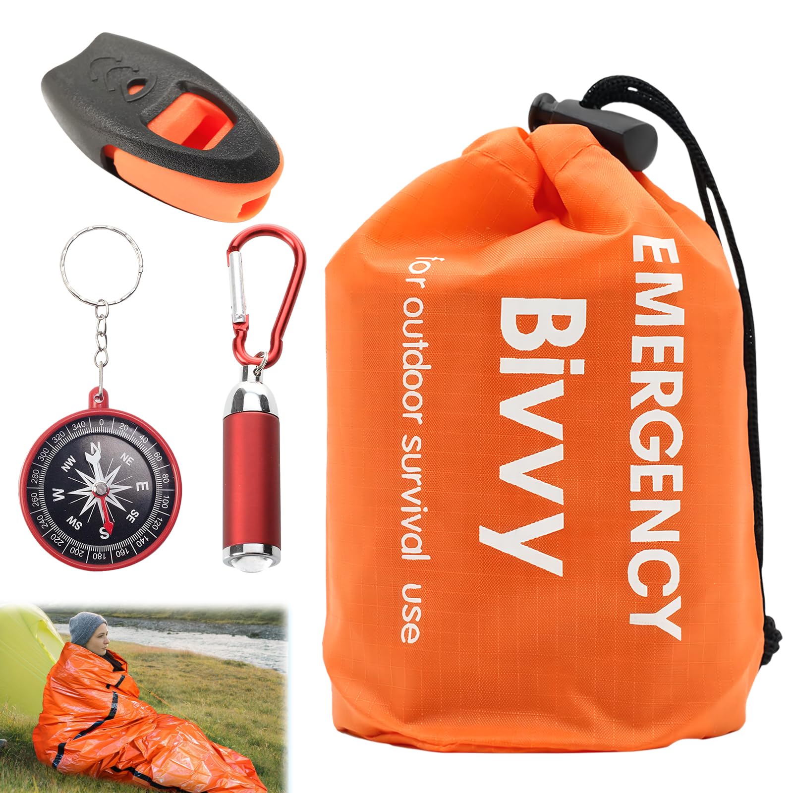 Survival Bag, Emergency Bivvy Bag with Compass & Whistle & Flashlight Carabiner, Reusable Waterproof Heat-Repellent Cold Protection