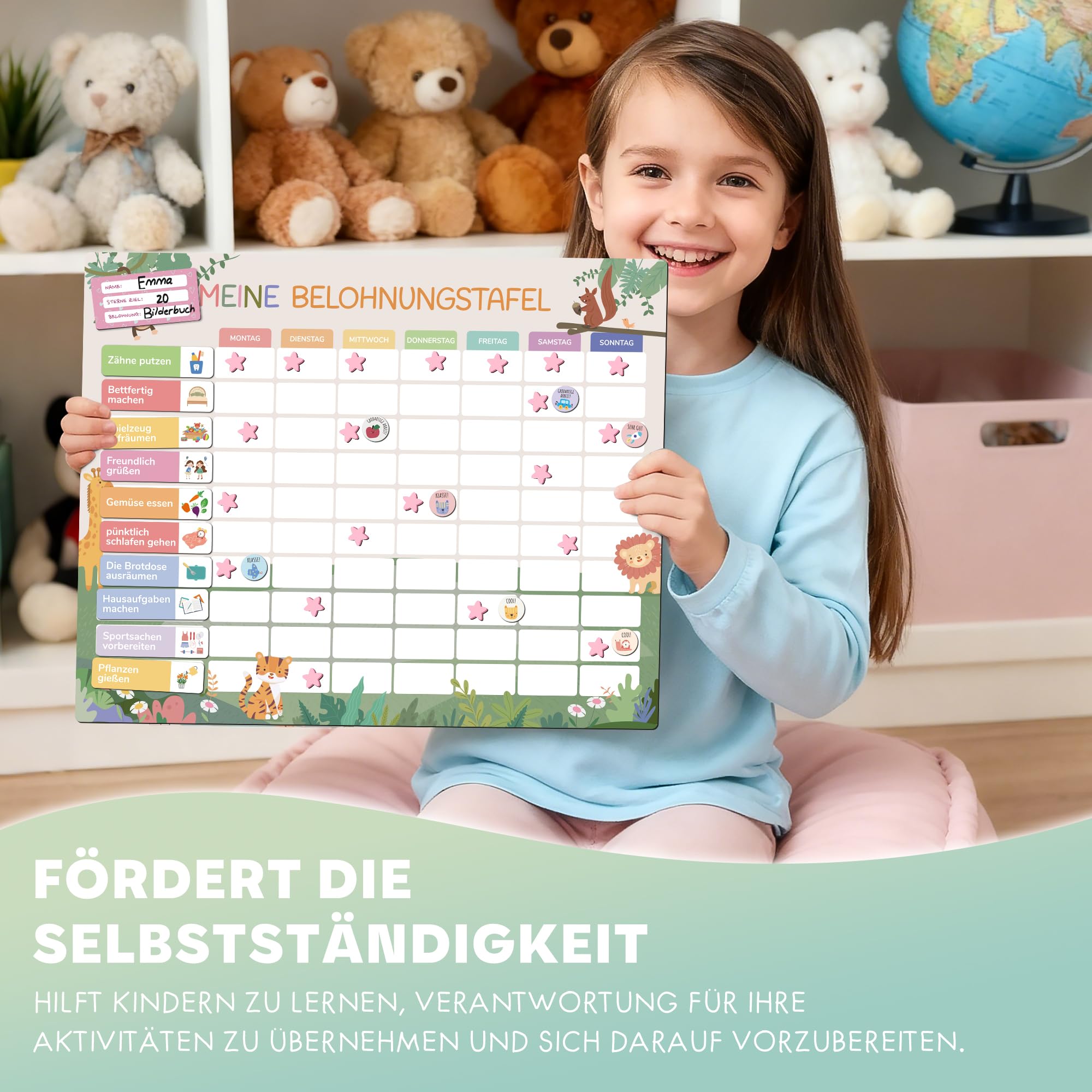 BIROYAL Belohnungstafel Kinder - [100 Aufgaben + 350 Magnete] - Belohnungssystem Kinder - Belohnungstafel Kind s ab 4 - Montessori Magnettafel - Wochenplaner, Adhs Hilfsmittel - inkl. Tasche, Stift