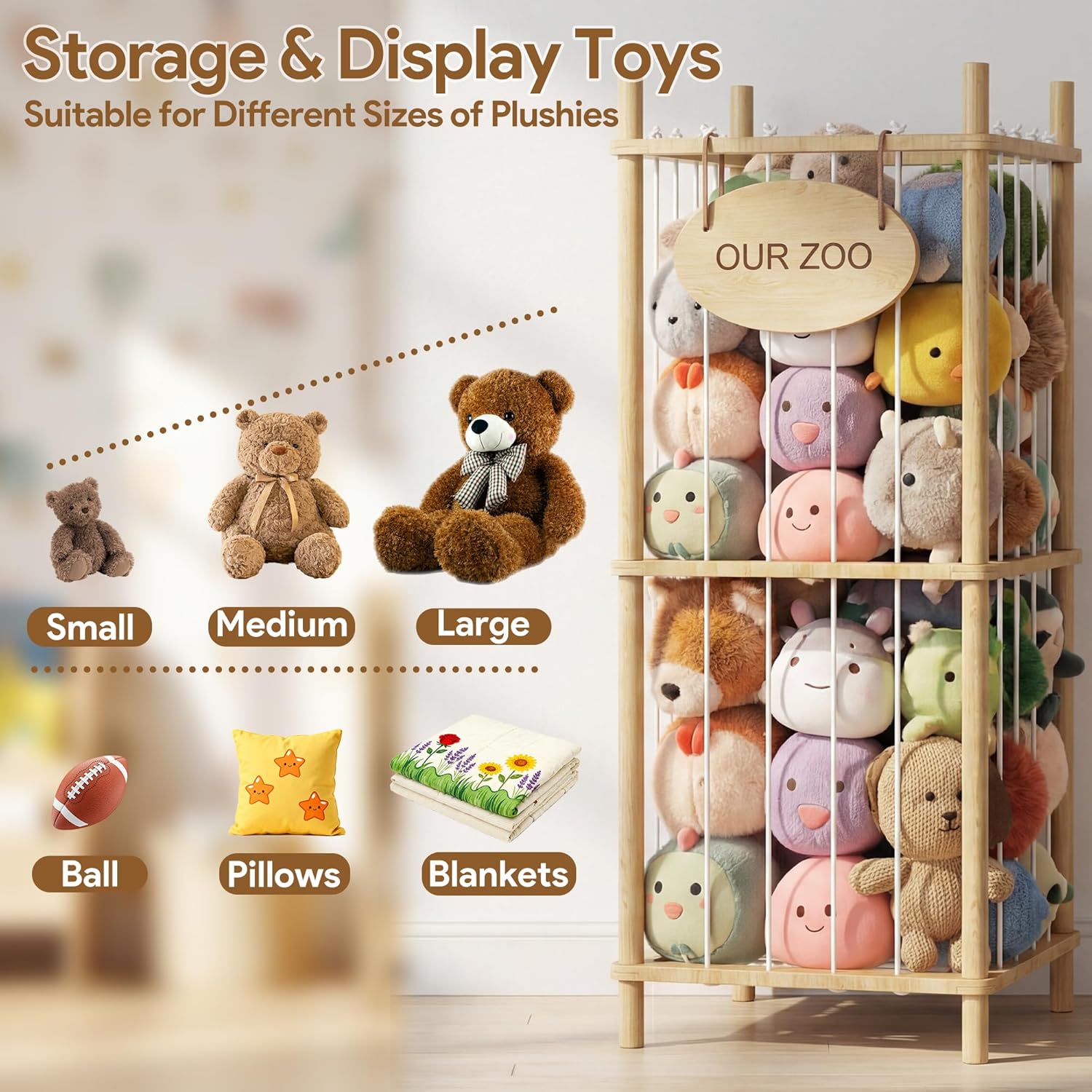 Brelley Stuffed Animal Storage Wood Toy Storage Organizer, Large Toy Chest Stuffed animal holder for Kids Nursery Playroom Bedroom