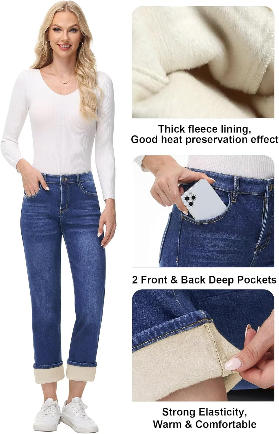 AMRSPENG Women's Fleece Lined Jeans Women Straight Leg Jeans Winter High Waisted Fleece Lined Denim Pants - Image 2