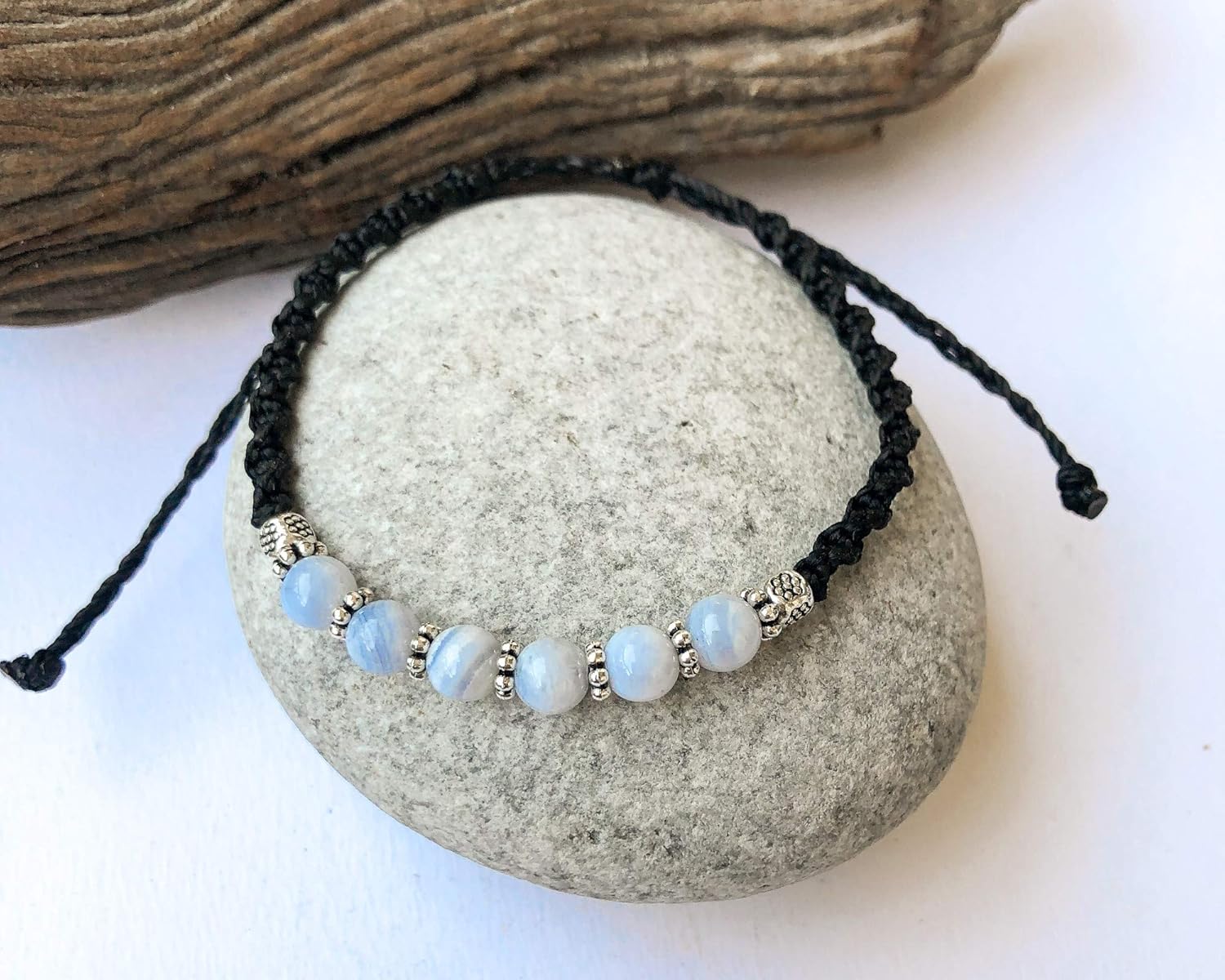 Blue lace Agate natural gemstone and macrame adjustable handmade beaded bracelet