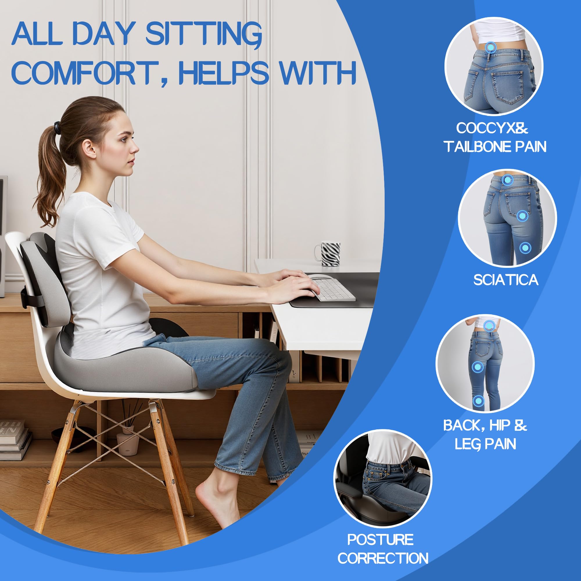 Benazcap X Large Memory Foam Seat Cushion Lumbar Support Pillow for Sciatica Tailbone Pressure Relief Coccyx Pad for — view 3