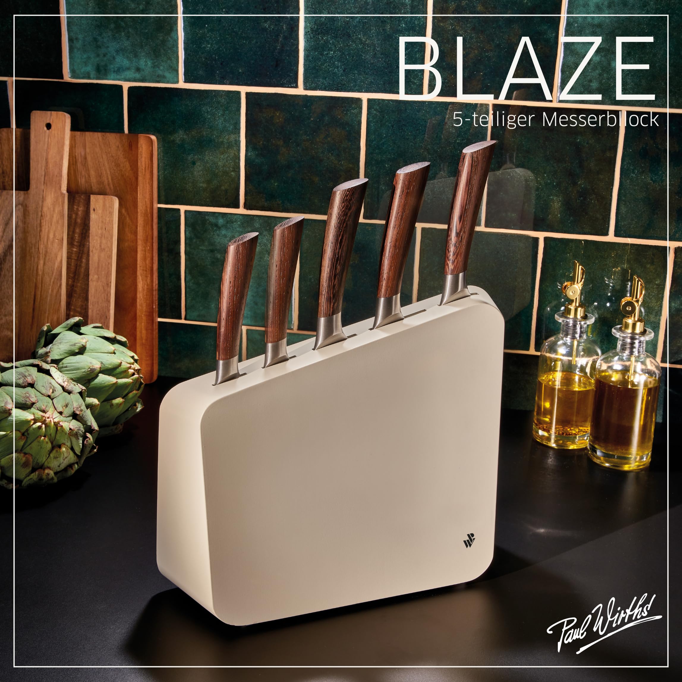 PW BLAZE Messerblock 5-tlg, MOV-Klingenstahl, Wengenholzgriffe | asymmetrisches Design, elfenbeinfarbener Block, Kochmesser 8", Tranchiermesser, Brotmesser, Allzweck- & Gemüsemesser
