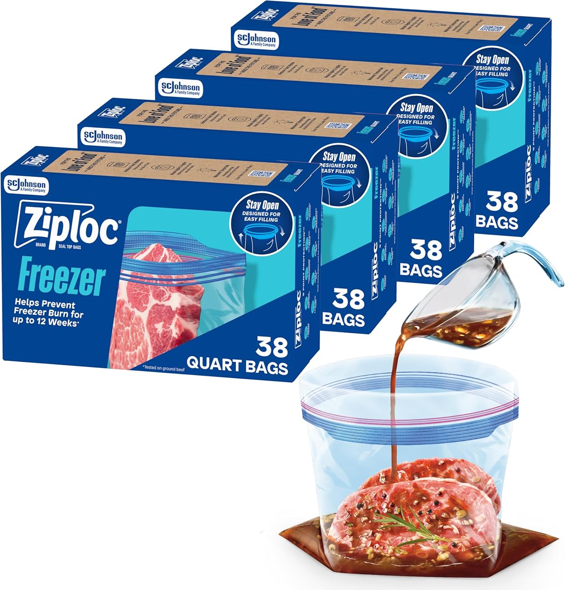 Ziploc Bolsas para congelador de almacenamiento de alimentos de un cuarto de galón, 152 ct en total, fondo vertical, fácil de llenar, 38 unidades, paquete de 4