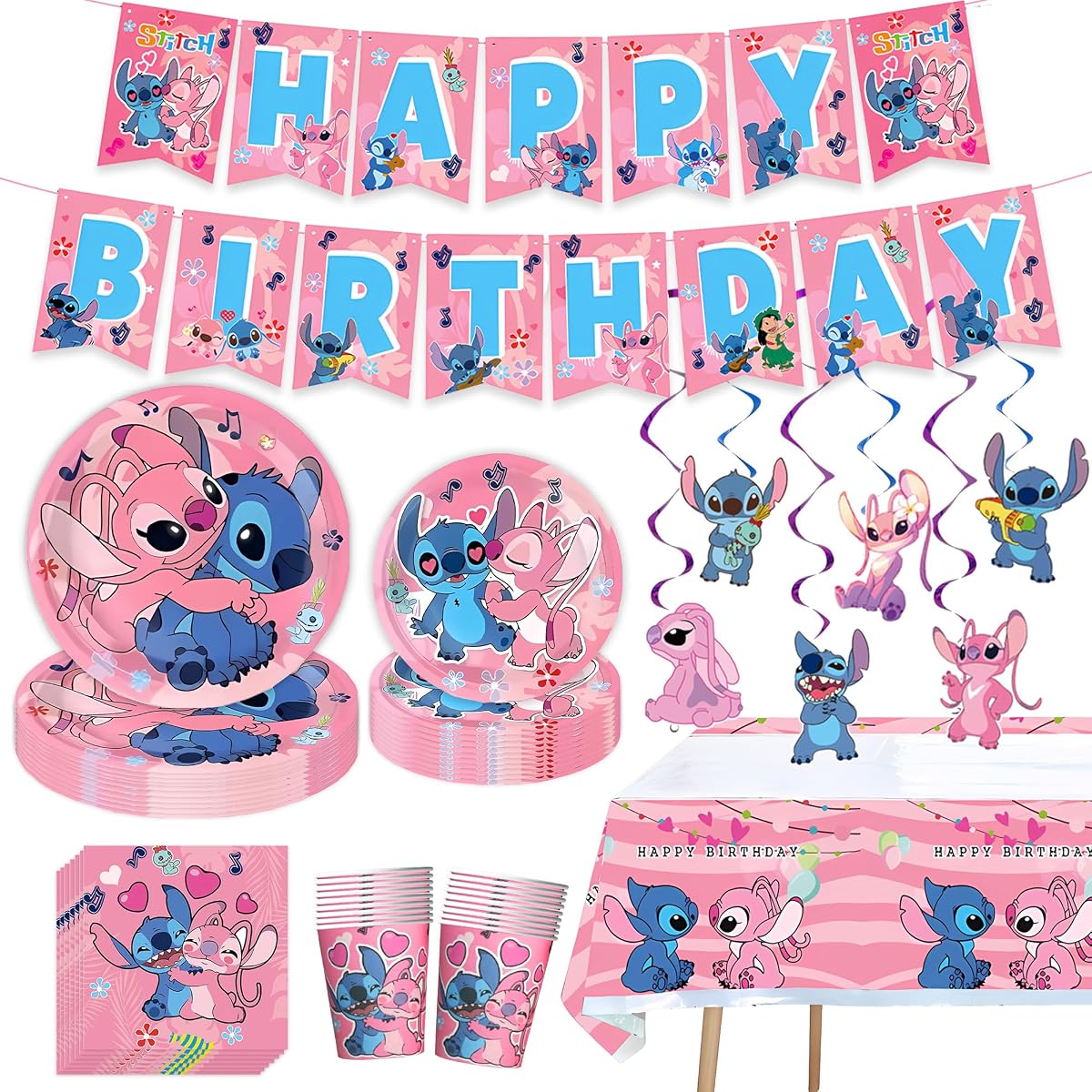 Stitch Party Supplies, Birthday Party Decorations Set Includes Banner, Plates, Napkins, Cups, Hanging Swirls, Tablecloth for Boys Girls Stitch Angel Party(88PCS)