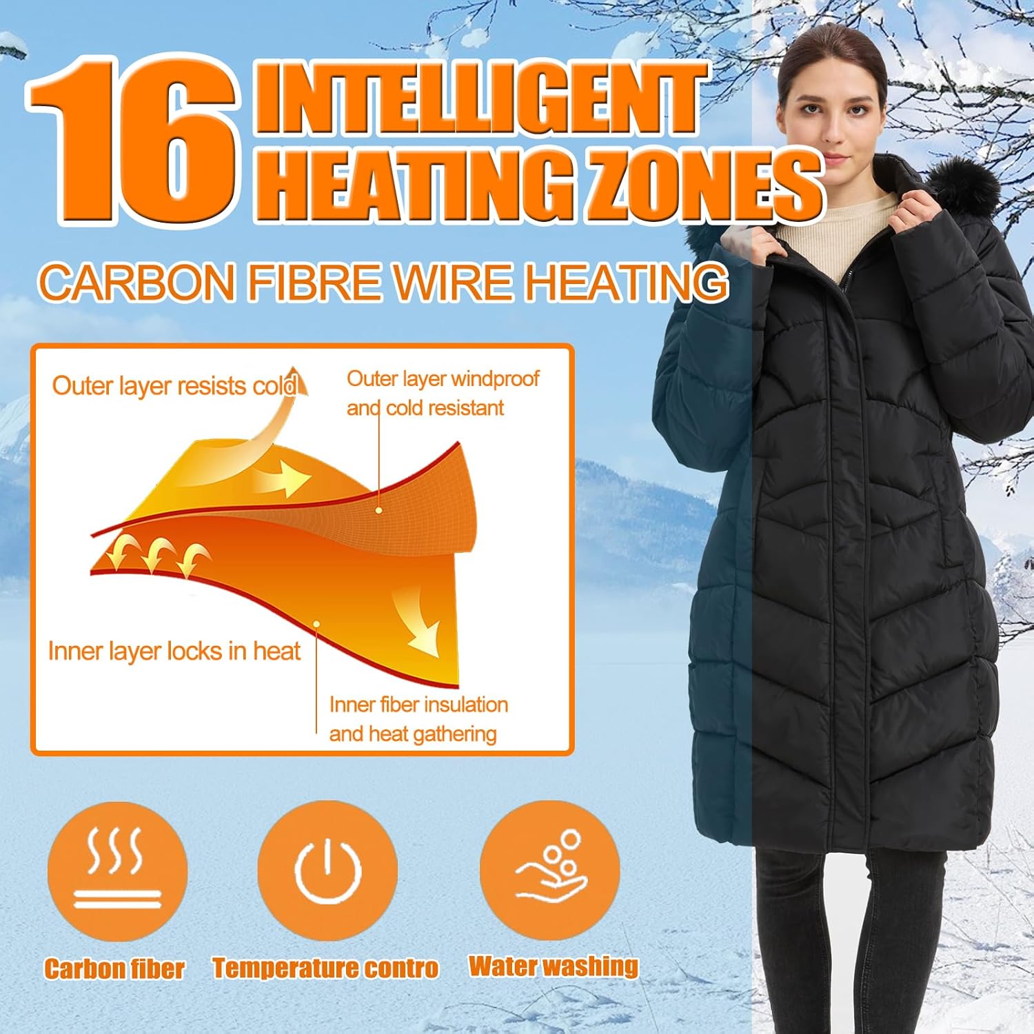 Heated Jackets for Women with collar, Long Winter Coats for Women for Skiing Hunting Motorcycle, Gift for Wife - Image 3