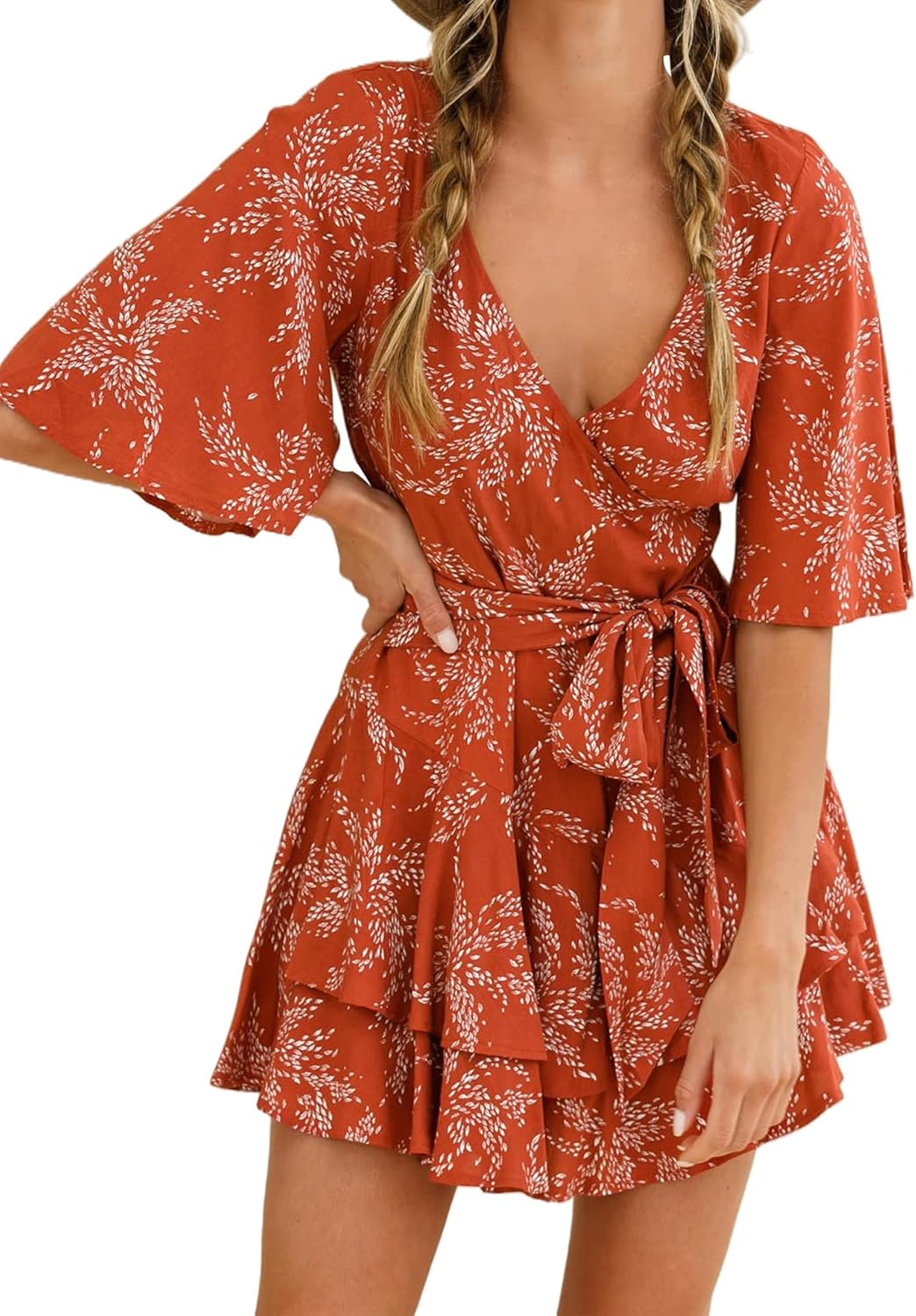AIMCOO Womens Summer Short Flared Sleeve Romper V Neck Floral Print Jumpsuit Waist Tie Layer Ruffle Hem Dress Look Rompers - Image 3