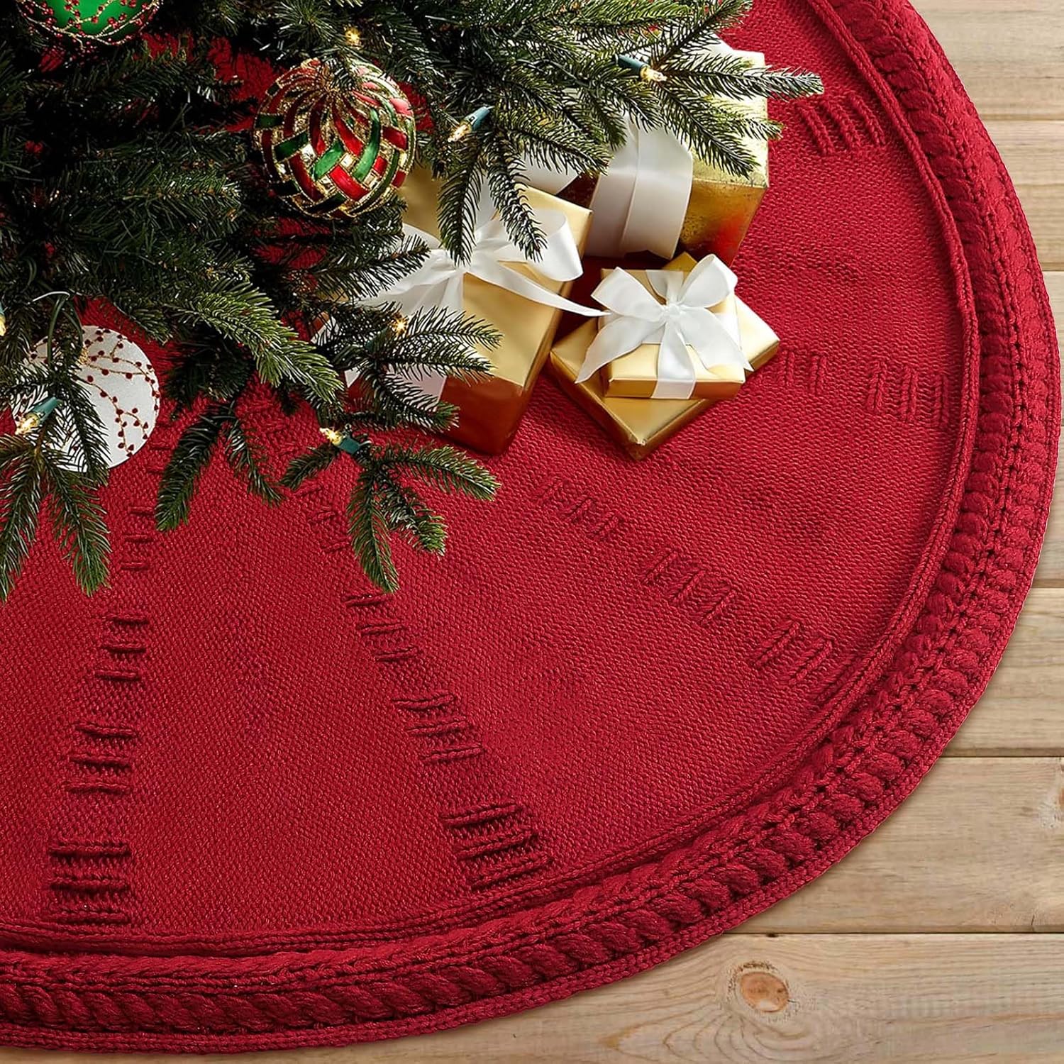 26in Christmas Tree Collar, Natural Woven Rustic & Farmhouse Holiday Decoration, 5-Piece Rattan Tree Skirt Ring Accessory for Xmas Artificial Trees(Brown)