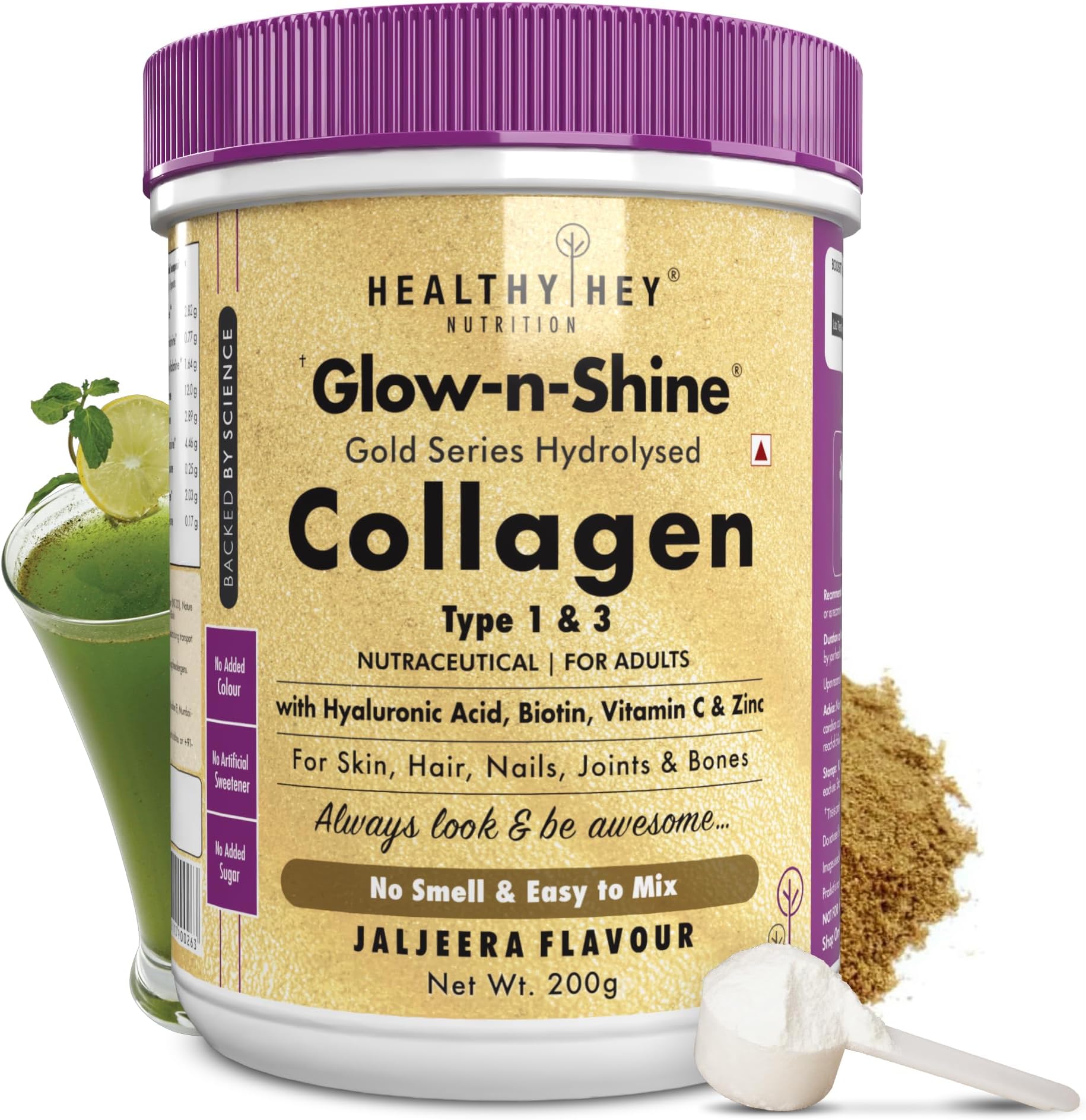 HealthyHey Skin Glow-n-Shine® Collagen Powder 200g | Hydrolysed Collagen for Women and Men with Hyaluronic Acid, Biotin and Vitamin C for Healthy Skin, Hair and Nails - (Jaljeera, 200gm)