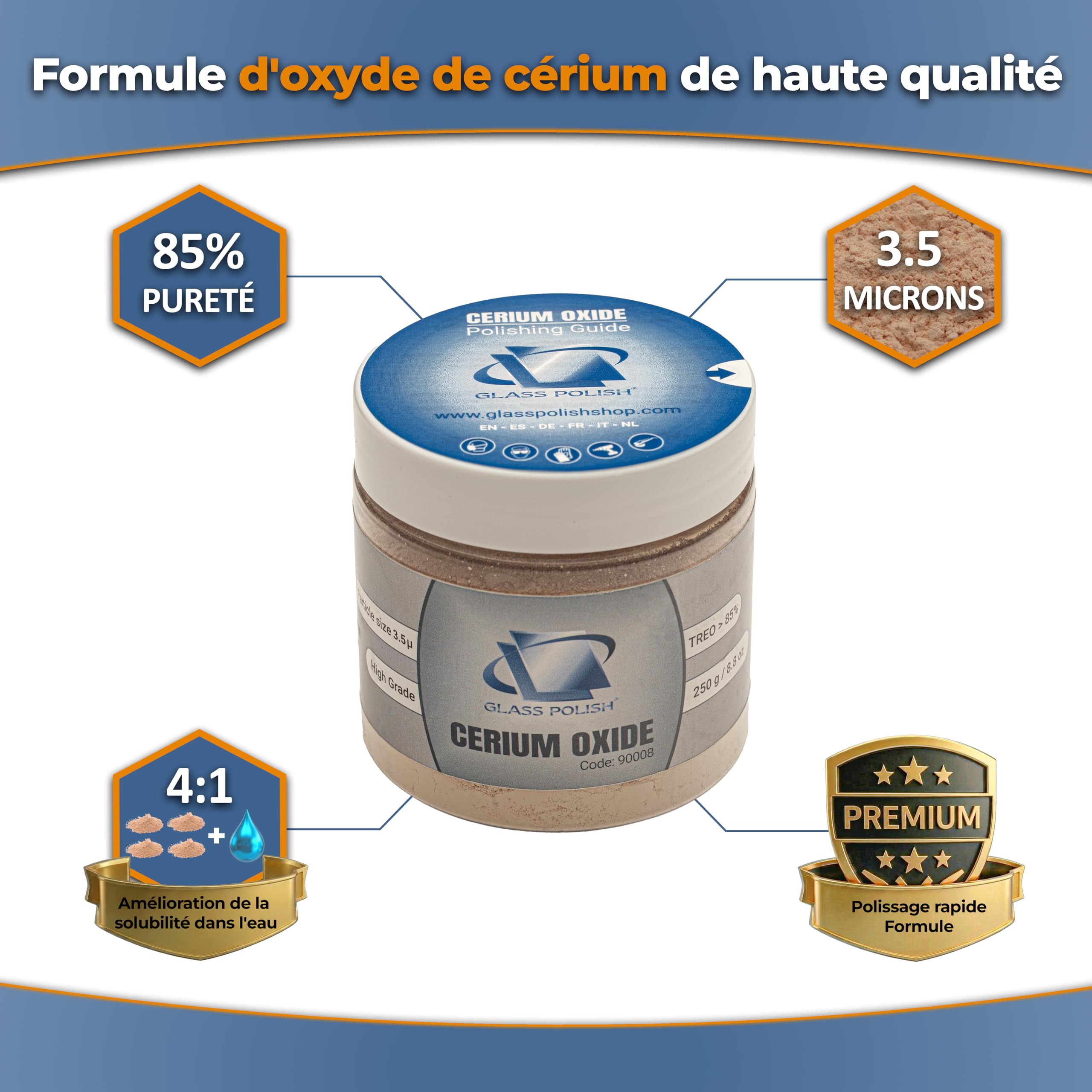 GLASS POLISH 250 g Cerium Oxide 85% Pur 3,5 Microns Composé de Polissage de Verre