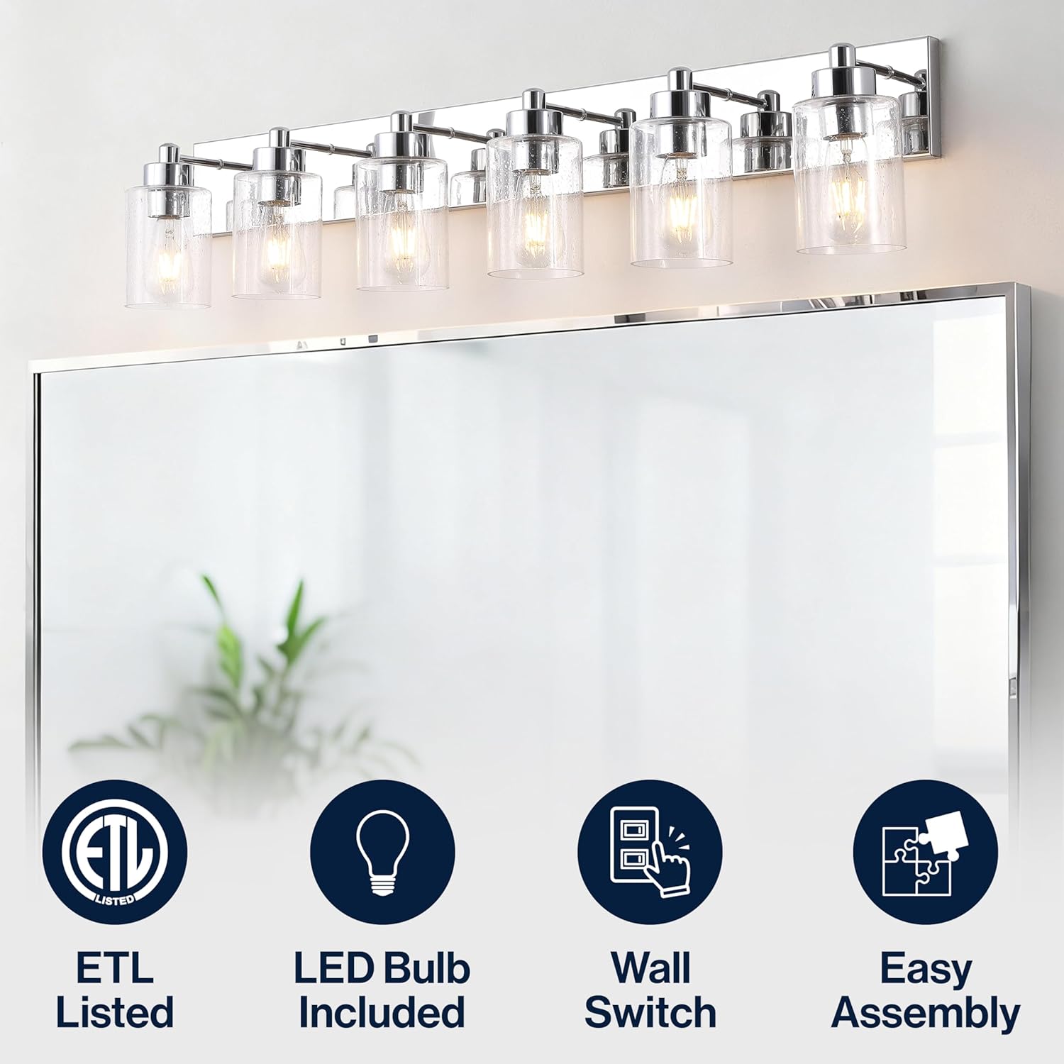 JONATHAN Y 40" Chrome/Clear 6-Light Modern LED Vanity Light for Bathroom Mirror, Mid-Century Wall Sconce with Clear Seeded Glass Shades, Contemporary Iron Fixture, LED Bulbs (JYL7621C)