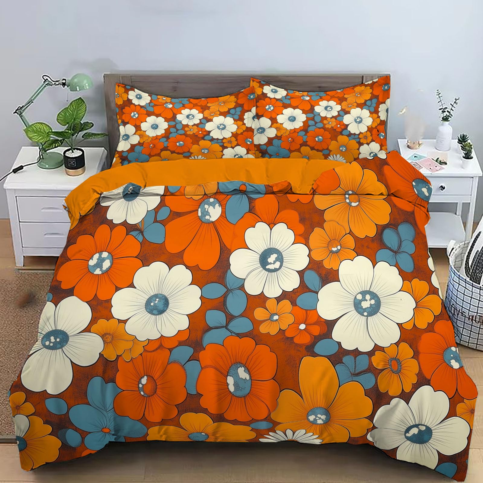 Juego de Funda Nórdica 150x220cm 3 Piezas para Cama, Marrón Anaranjado Floral Microfibra de Poliéster Suave Transpirable Vintage, Incluido 1 Funda Edredón y 2 Fundas de Almohada, Naranja Marrón