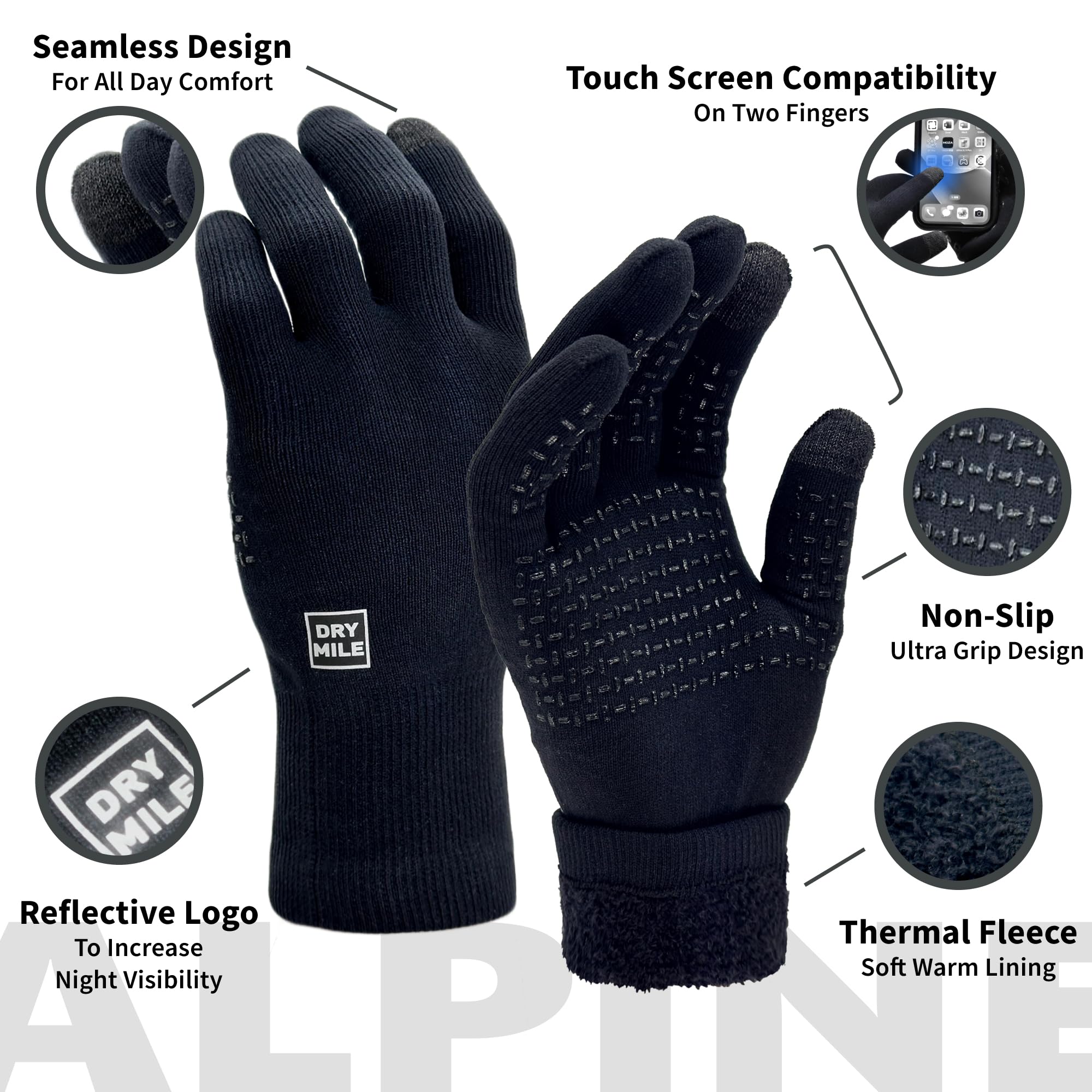 DRYMILE Alpine - Guantes impermeables para pantalla táctil cálida, mezcla de lana, guantes de mano para hombres y mujeres, para trabajo, senderismo, esquí, correr, ciclismo, equitación, ideal para