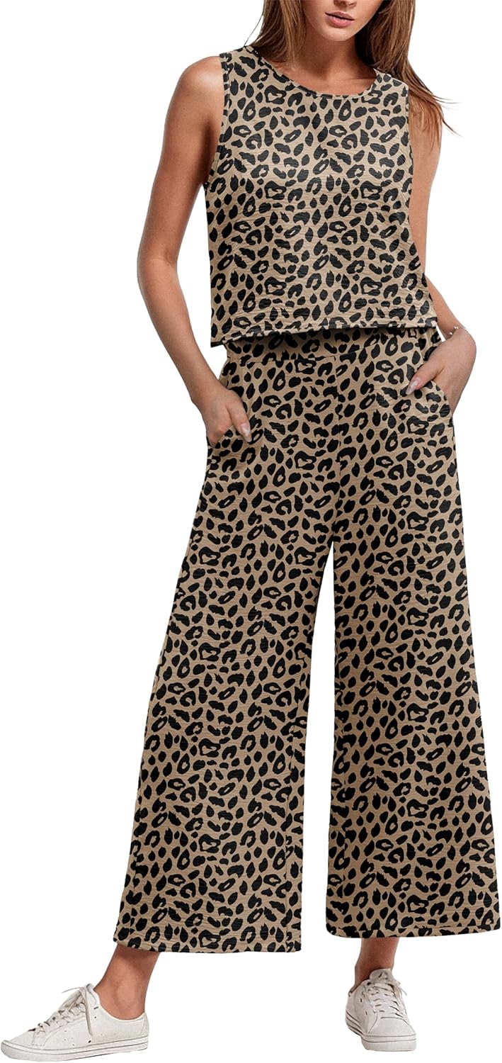 IWOLLENCE Women's Summer 2 Piece Outfits Set Round neck Sleeveless Tank Crop Top Wide Leg pants Set Pockets Jumpsuits