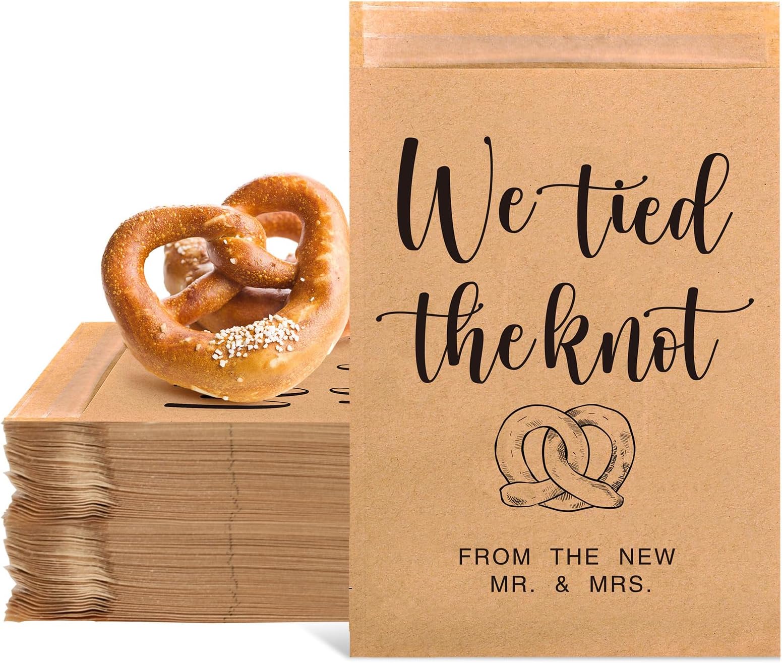 JarThenaAMCS 100Pcs Wedding Favor Candy Buffet Bags We Tied The Knot Soft Pretzel Bag Self Adhesive Kraft Treat Bag for Party Favor Supplies, 5.1 x 7.1 Inch