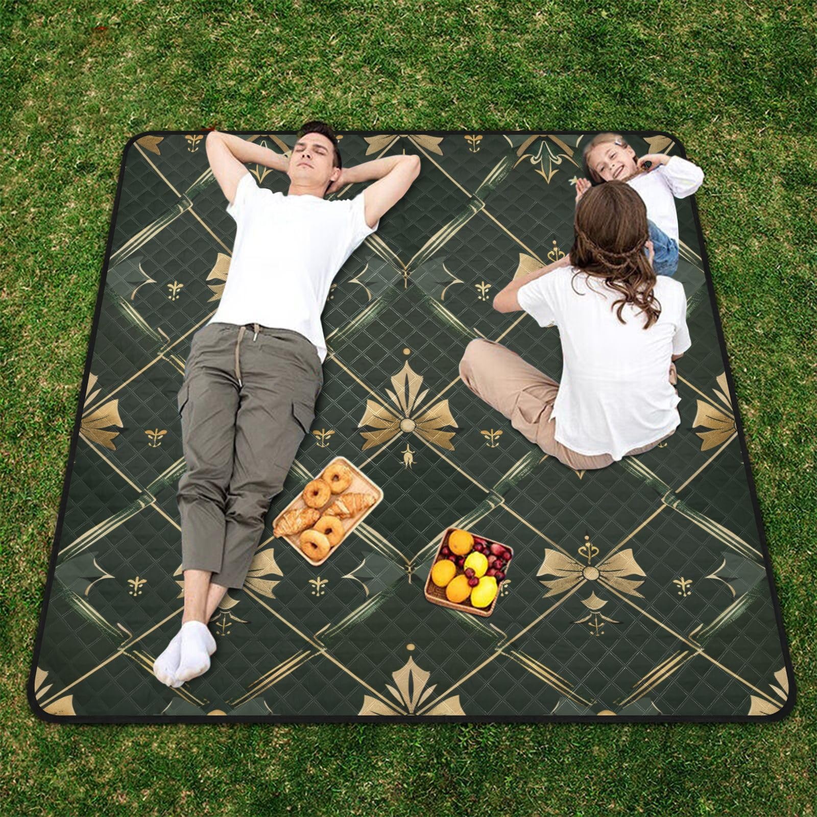 Manta de picnic impermeable con lazo verde para exteriores, portátil, césped, camping, para familia, parejas, regalo para picnic