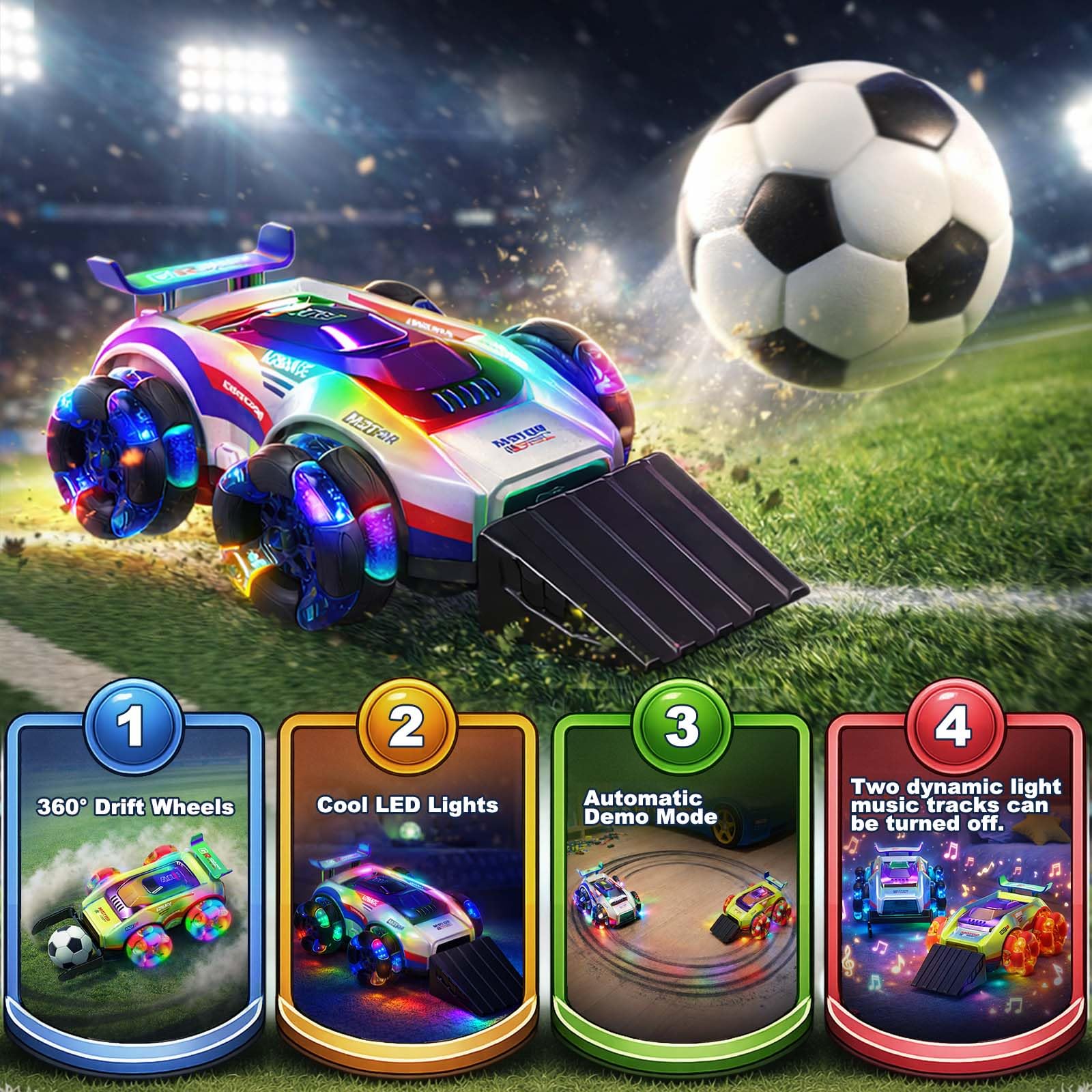 YESHIN 2 Coches de fútbol teledirigidos RC 2.4 GHz, Coches con luz LED y rotación 360°, Juego de fútbol con portería y Pelota, Juguete para niños 6+ años