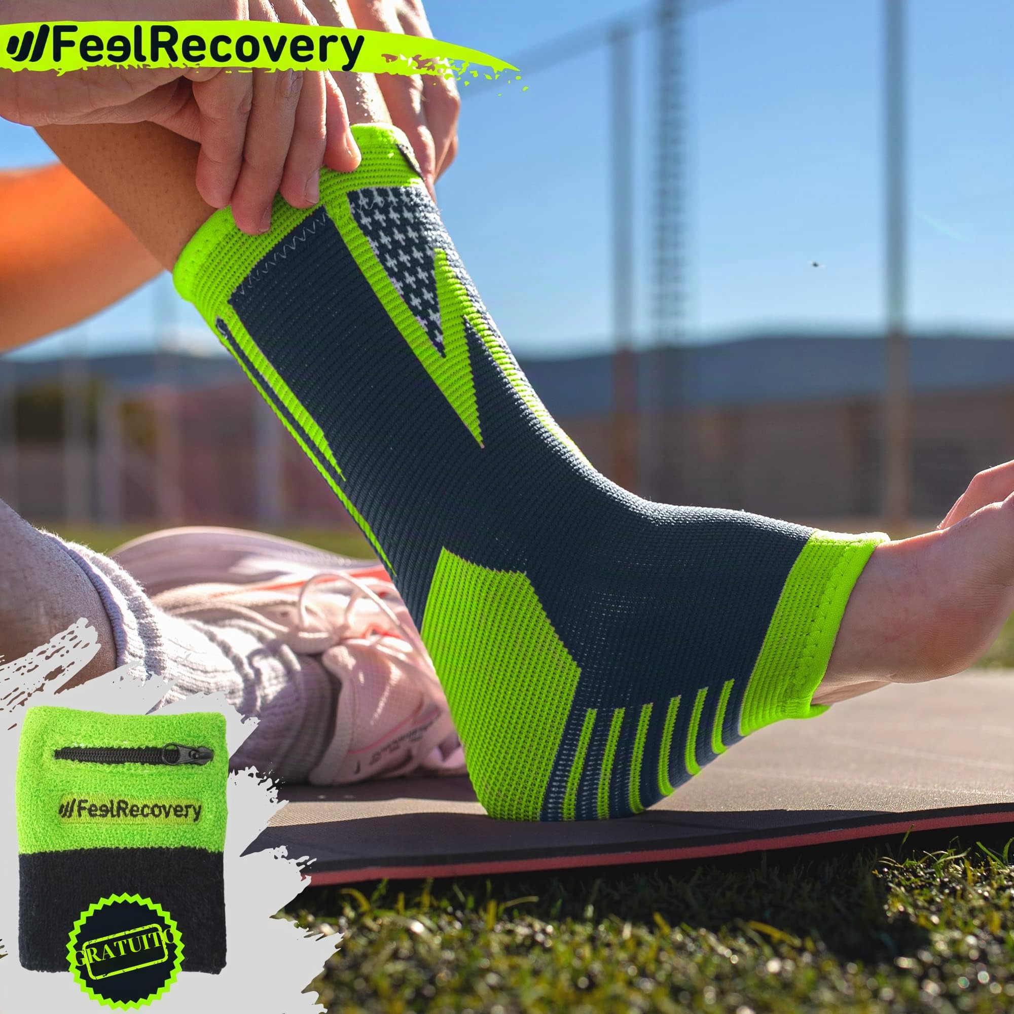 Feel Recovery 2 Tutore Caviglia per Uomo e Donne - Cavigliere Elastiche a Compressione - Fascia Sportive per Distorsioni, Running, Calcio e Sport - Traspiranti e Antiscivolo (L, Verde)