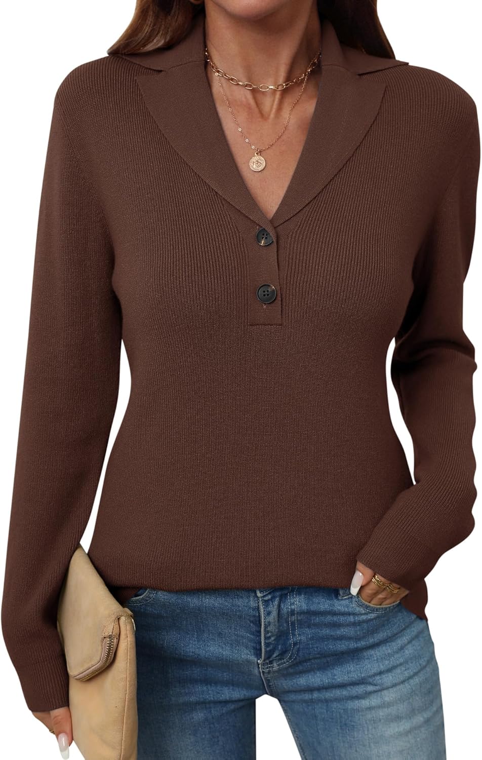 LOMON Sweaters for Women 2025 Fall Knitted V-Neck Collared Button Pullover Dressy Casual Long Sleeve Polo Shirts Business