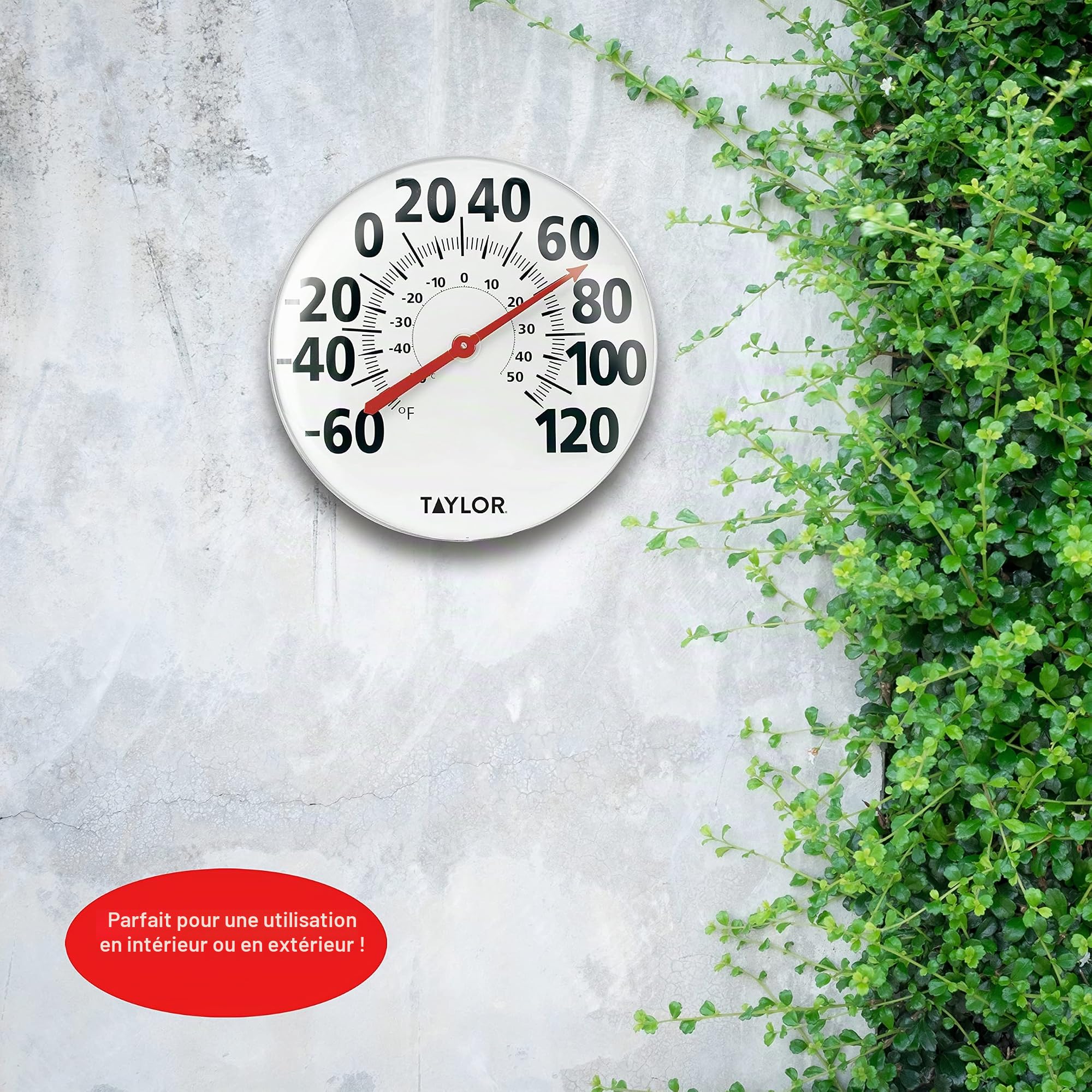 Taylor Thermomètre mural extra large en métal pour intérieur et extérieur, chiffres faciles à lire pour terrasse, piscine et zones intérieures, 45,7 cm, blanc
