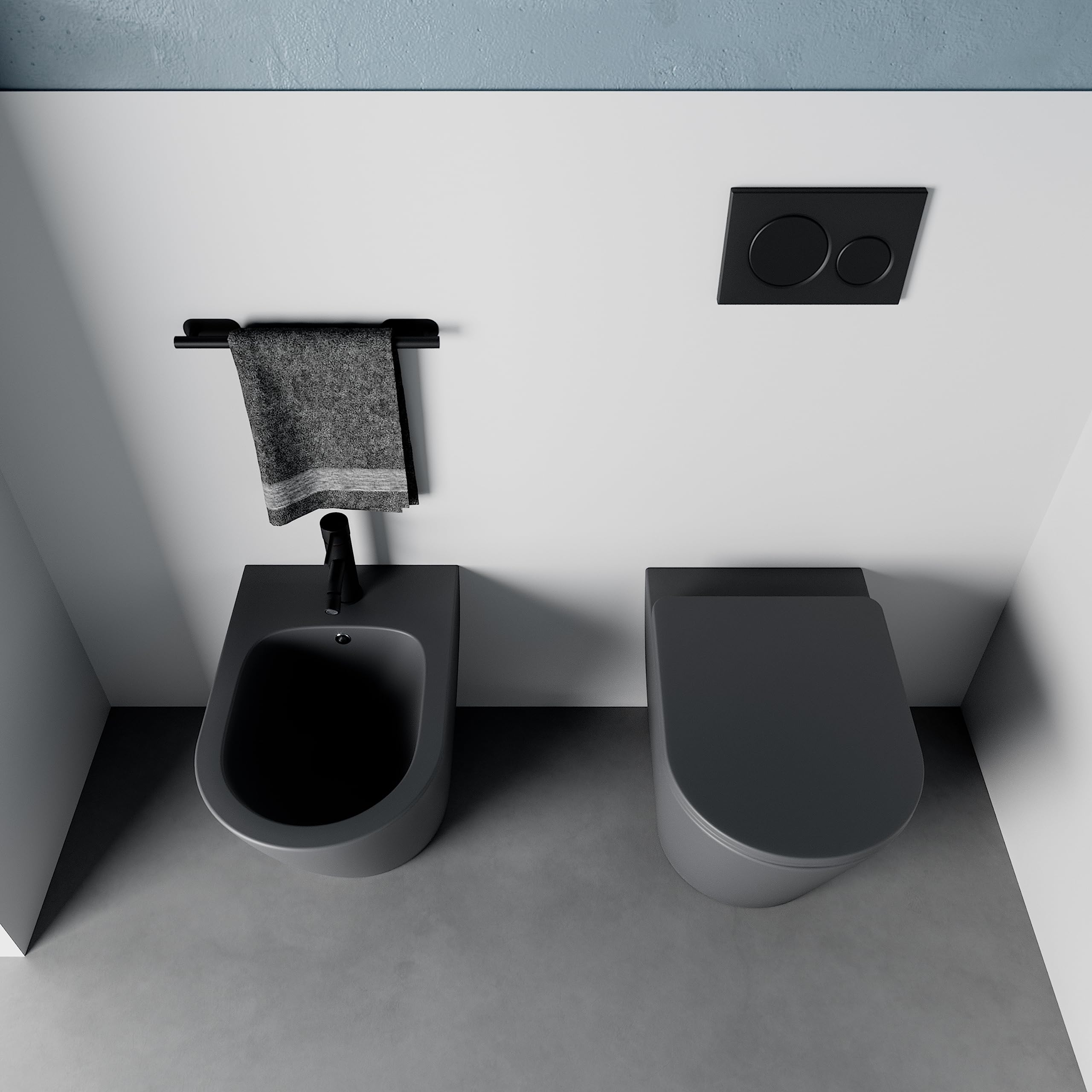 Sanitari in ceramica filomuro grigio opaco vaso rimless bidet sedile soft-close chiusura rallentata mod. Vienna