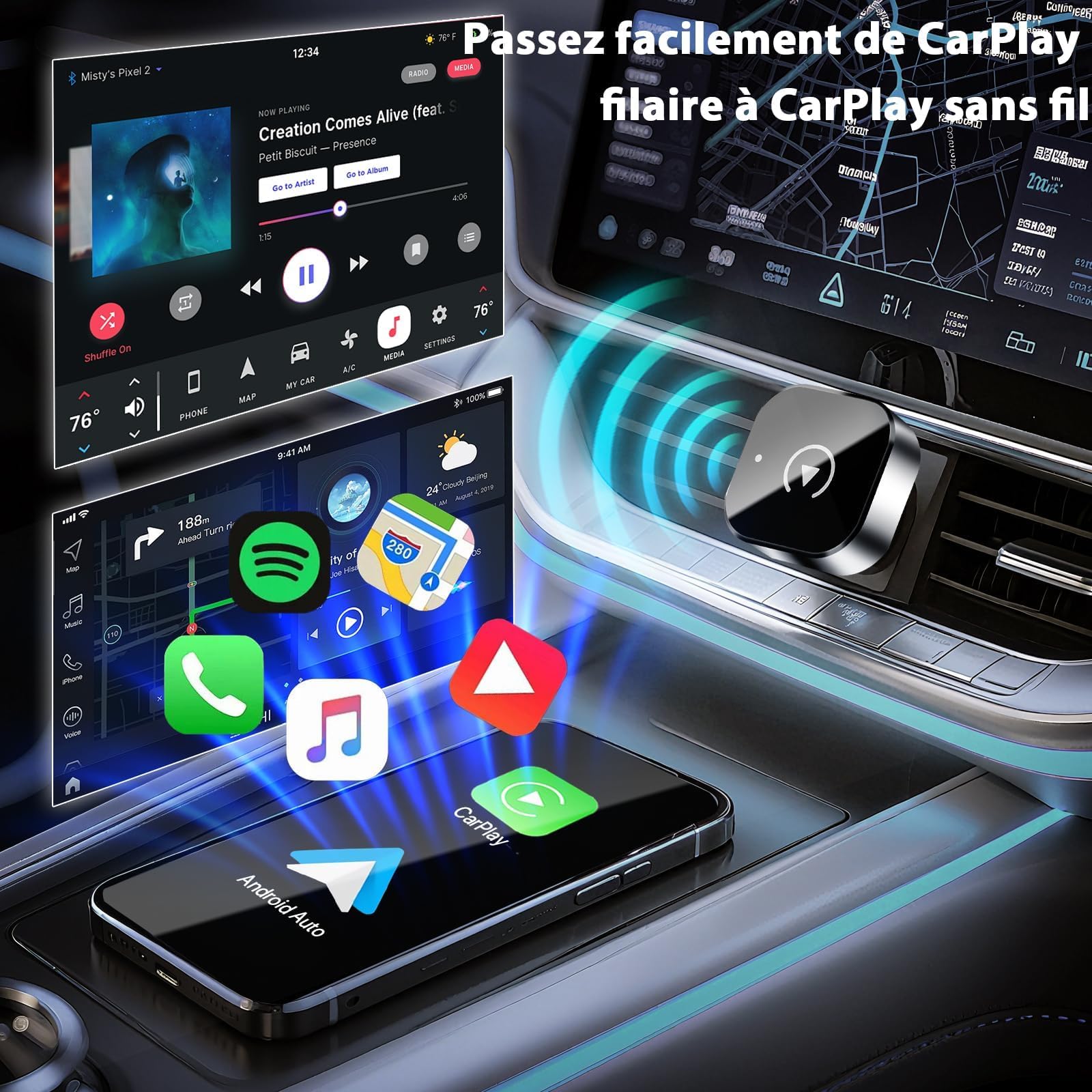 Adaptateur CarPlay sans Fil, Mini CarPlay et Android Auto 2 en 1, USB-A/C, Plug & Play, Connexion Automatique, Mise à Niveau 2025, Compatible with iPhone and Android