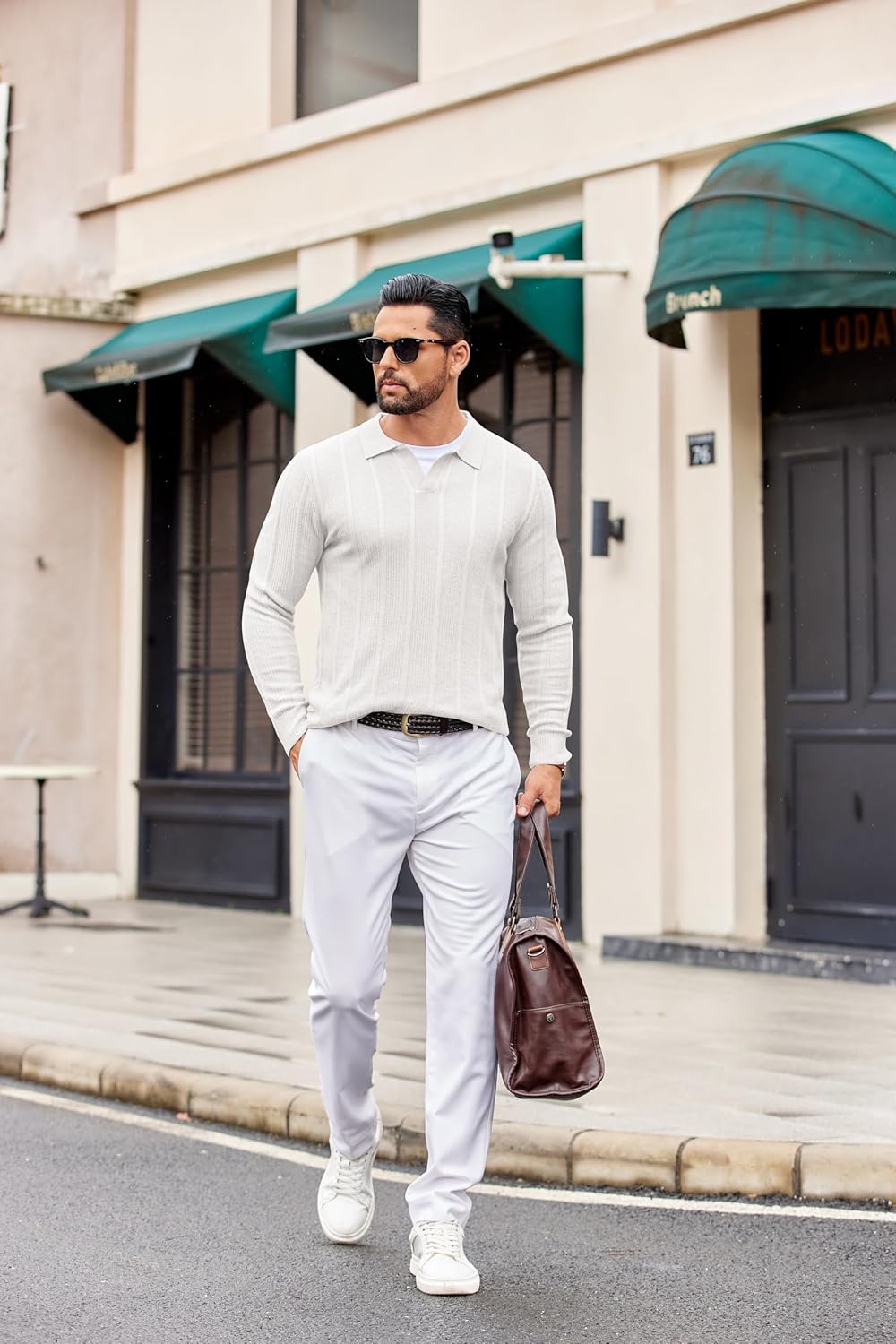 COOFANDY Mens Knit Long Sleeve Polo Shirt Casual Polo Collared Sweater V-Neck Textured Pullover - Image 5