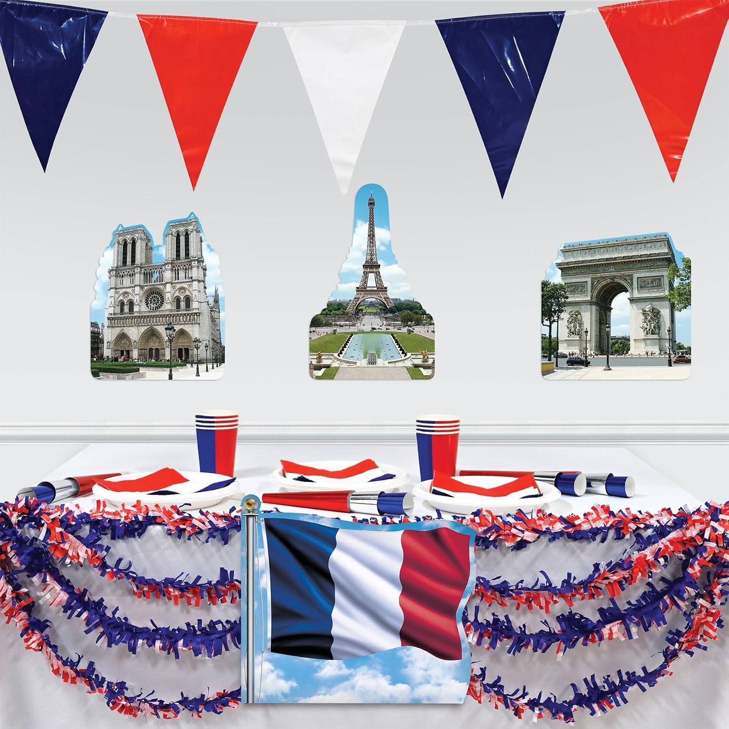 Beistle French Theme Cutouts, 8-Count, Iconic International Paris Party Decorations, Eiffel Tower, France Flag, Arc de Triomphe, Notre Dame Cathedral, 12”- 17.5”