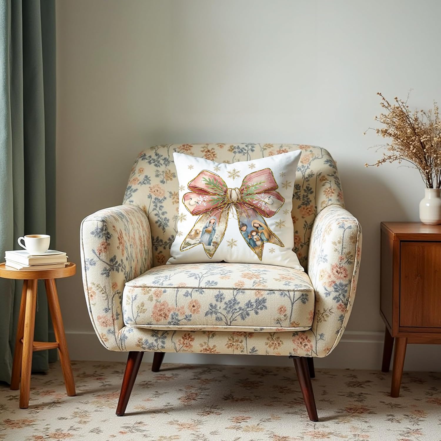 Christian Christmas Bow Pillow Covers 18x18, Coquette Christmas Decor, Pink and Gold Preppy Bow Xmas Religious Decorative Pillow Covers for Couch Sofa Bedroom Living Room Home - Image 2