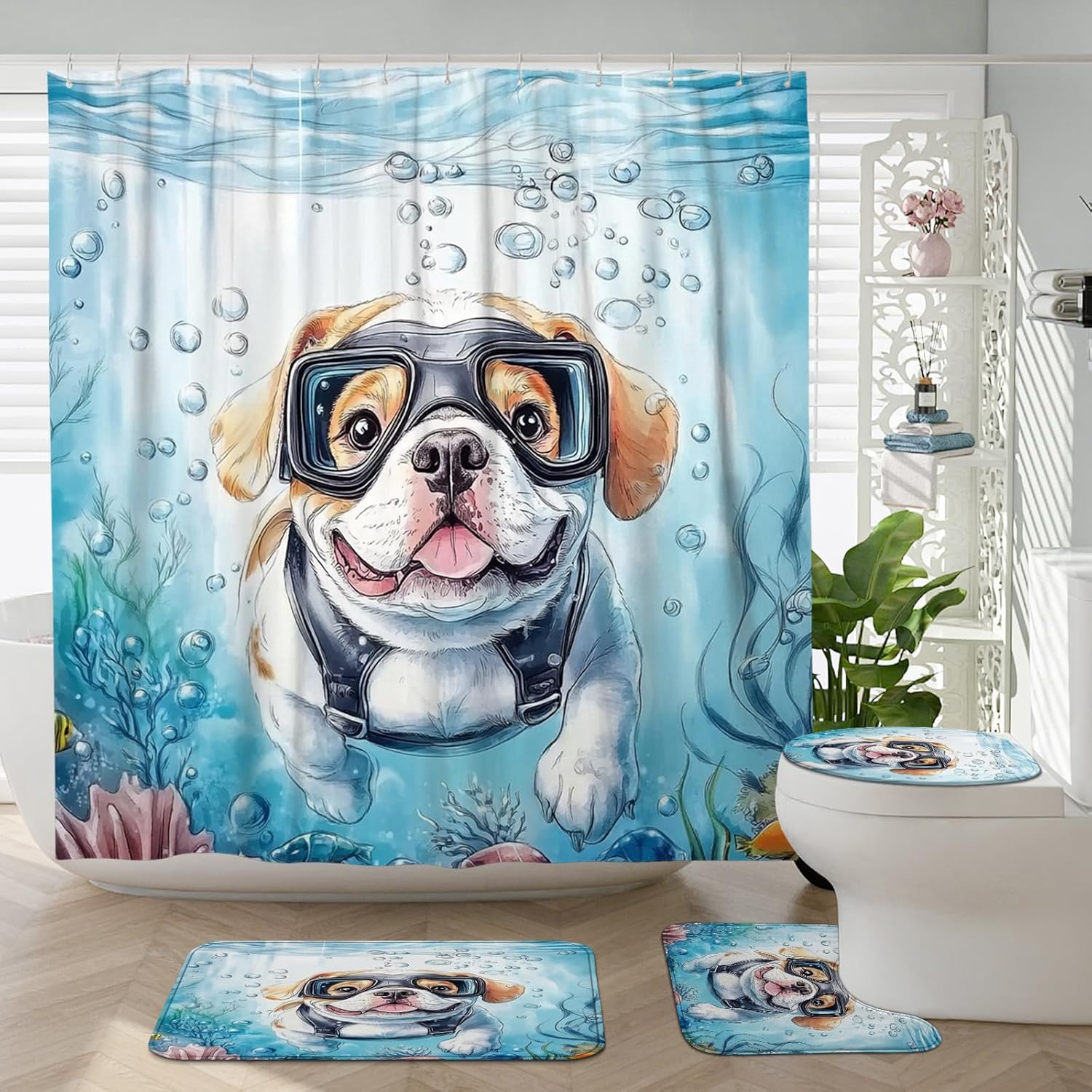 4PCS Spring Bulldog Dog Bathroom Accessory Sets with Non-Slip Rug, U Shape and Toilet Lid Cover Mat, Fun Puppy Kids Ocean Cartoon Bathroom Decorative-72''x72''