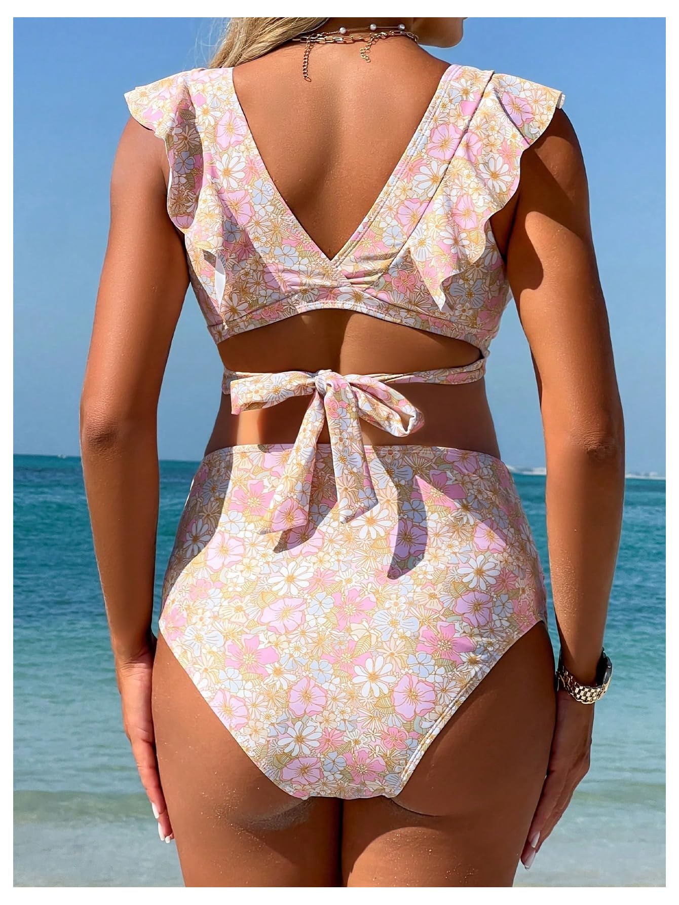 Costumi da Bagno Floreali Premaman da Donna con Scollo A V con Volant A Vita Alta Set Bikini Costumi da Bagno Gravidanza Multicolore Piccolo