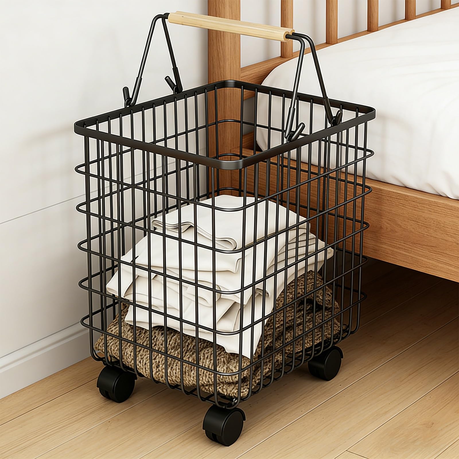 SFSLBFB Rolling Laundry Hamper with Wheels, Portable Metal Basket, Breathable Design for Easy Storage, Movable Cart for Bathroom or Living Room