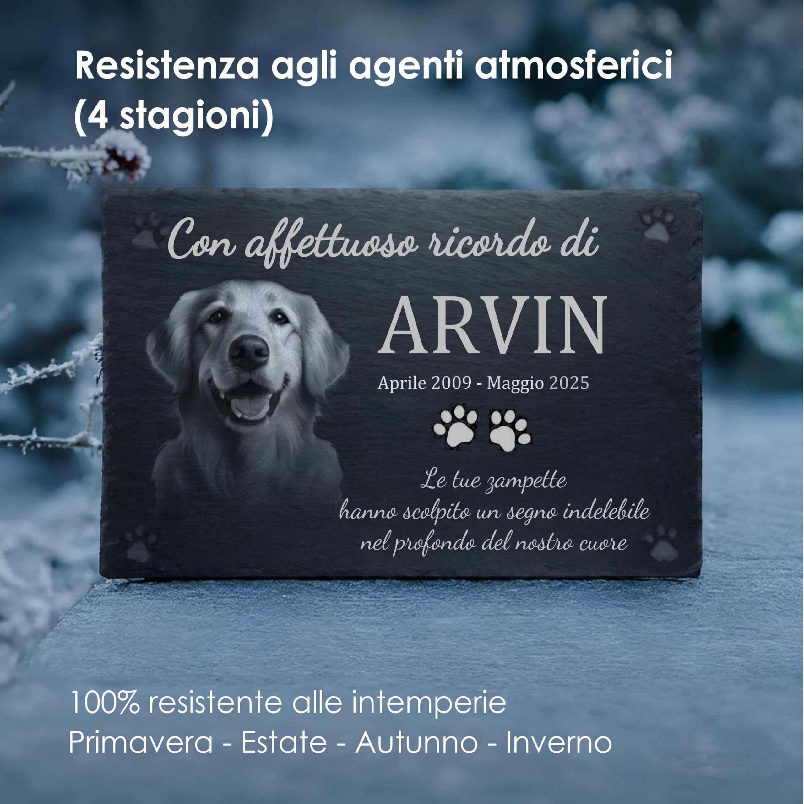 Pietra Commemorativa Cane in Ardesia – Lapide per Animali Esterno Personalizzata, Targa Memoriale per Cani Resistente alle Intemperie – Foto, Nome e Testo Personalizzabili – Giardino / 30x15–50x30 cm