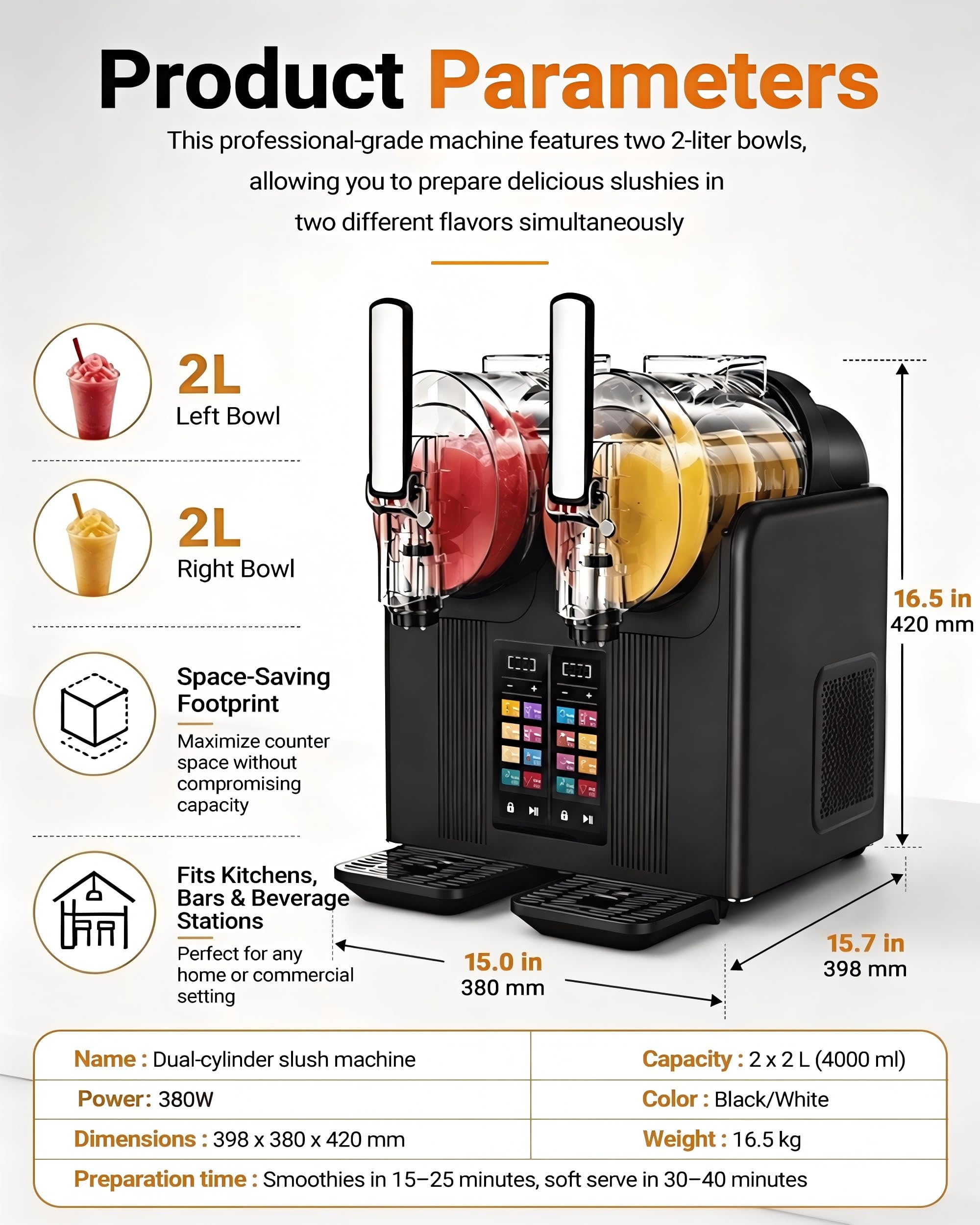 Macchina a Doppia Vasca per Granita e Gelato Soft – 2x2L, Comandi Touch, 7 Modalità Preselezionate, Lavaggio con un Tasto, Refrigerazione Rapida, Serbatoio in PC, Miscelazione Potente 360°