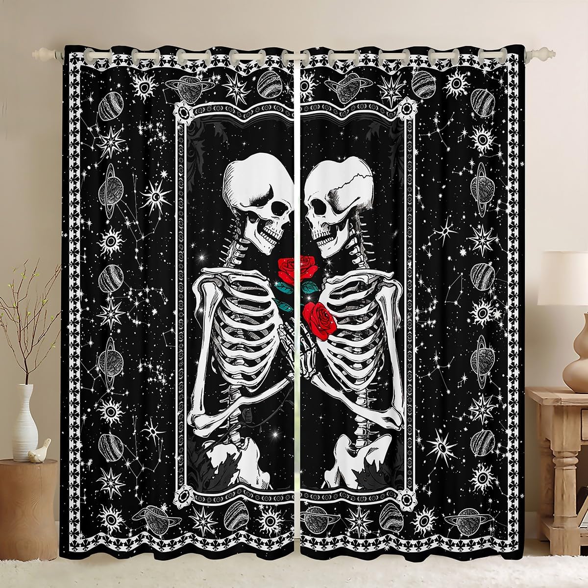 feelingyou Skull Lovers Curtains for Windows,Starry Galaxy Boho Style Curtains for Living Room,Red Flowers Bellish Blackout Drapes 2 Panel Sets,66x90L โ image 1